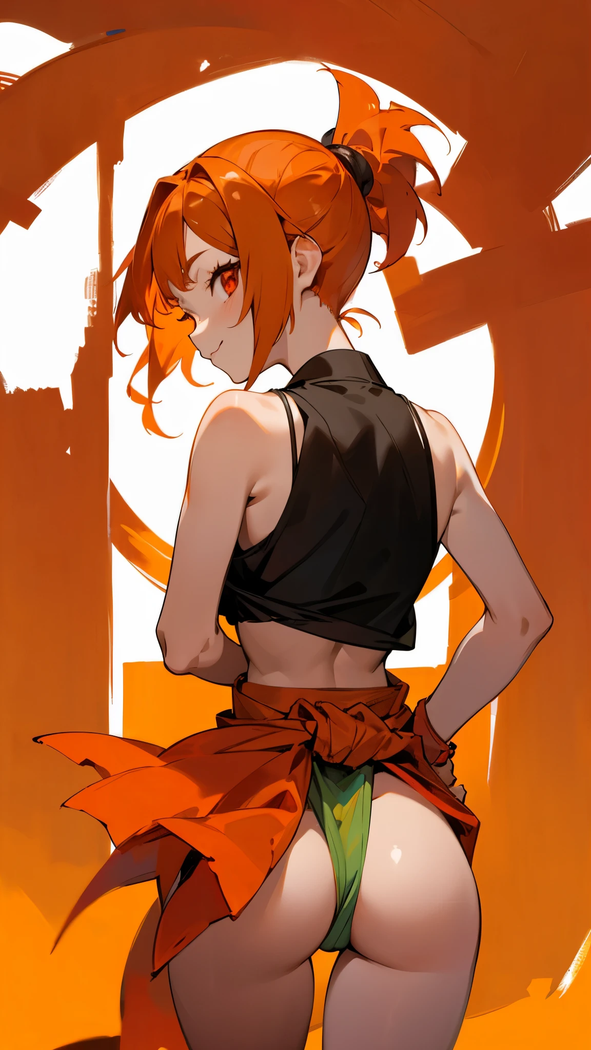 Anime style painting、1 girl、From behind、Orange Hair、ponytail、Round red eyes、short hair、camisole、Loincloth、smile