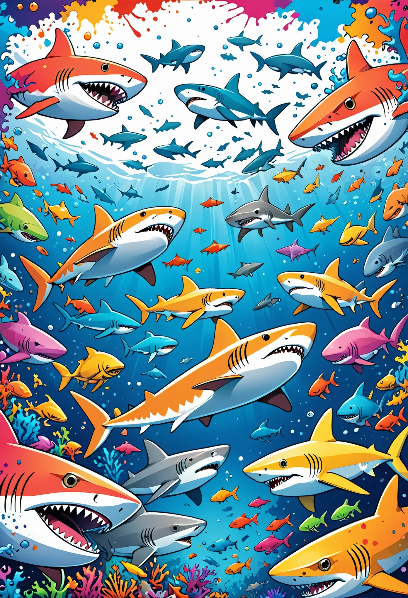 Vector Art, Colorful illustration with lots of cartoon sharks, In the center, Vibrant colors, Paint splatters and stains, High Detail, Underwater swimming background
