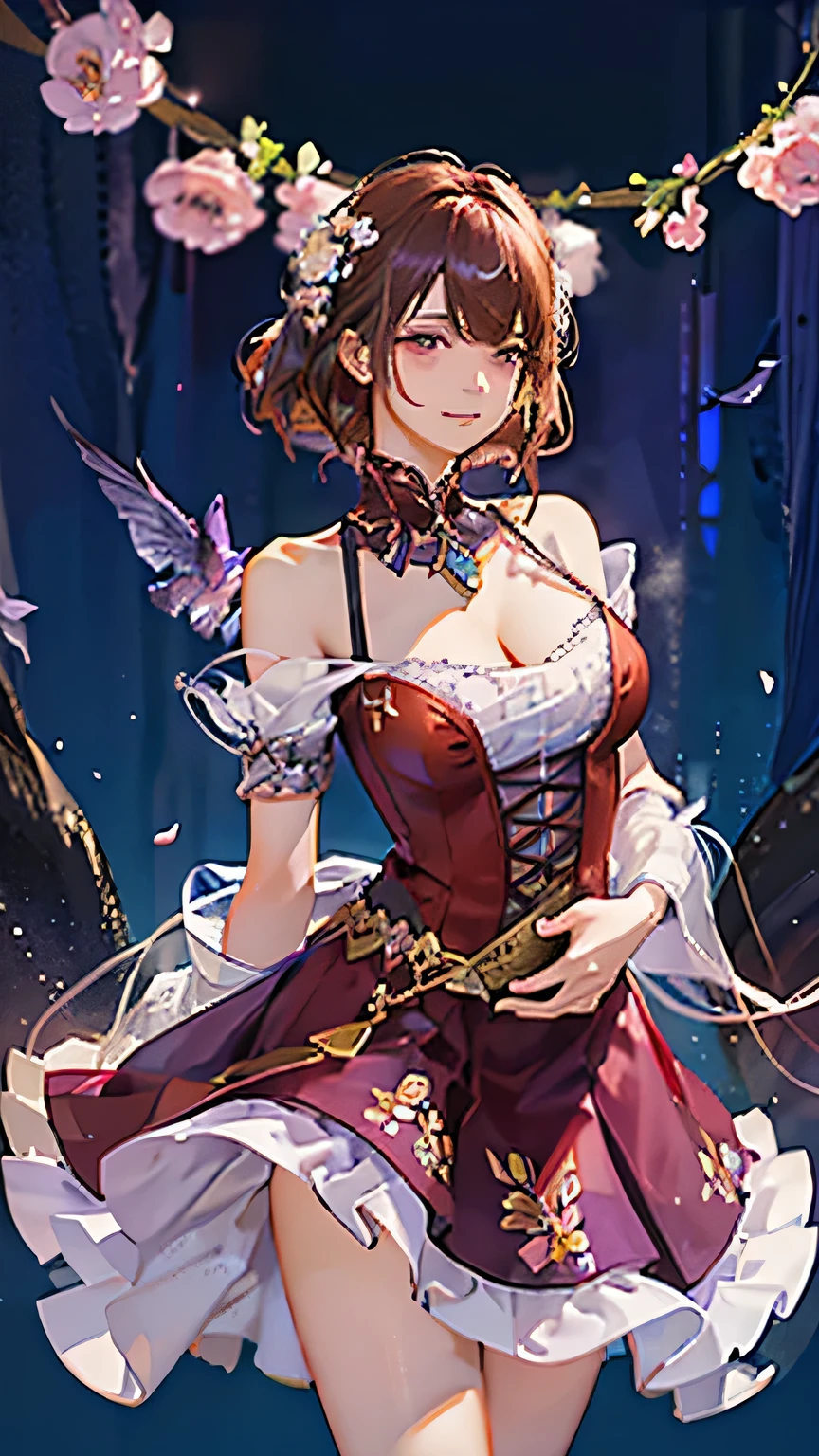 (highest quality, High resolution), Glowing Eyes, Delicate facial features, Vibrant colors, Dreamy atmosphere, Fantasy Theme, Floral Background, Graceful Movement, Detailed clothing, loose fitting dress, Elegant fashion, Magic lighting, Mysterious Aura, Heavenly Beauty, Magic thread, Whimsical elements,Big Breasts、Red attire、Colorful costumes、lingerie、Purple outfit