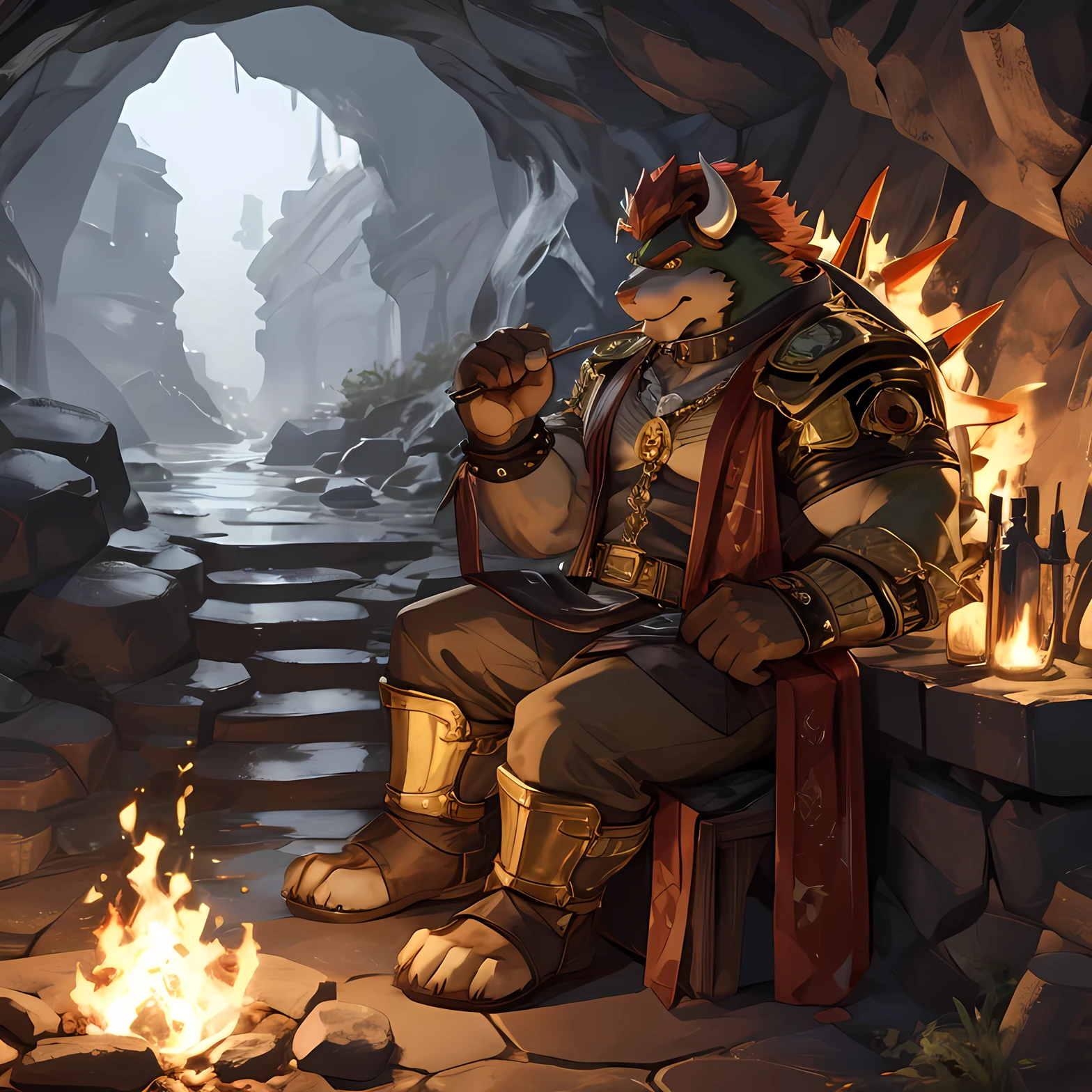 Bowser in gold armor sitting before a fire in a dark cave with the floor filled with water in the face of rain 