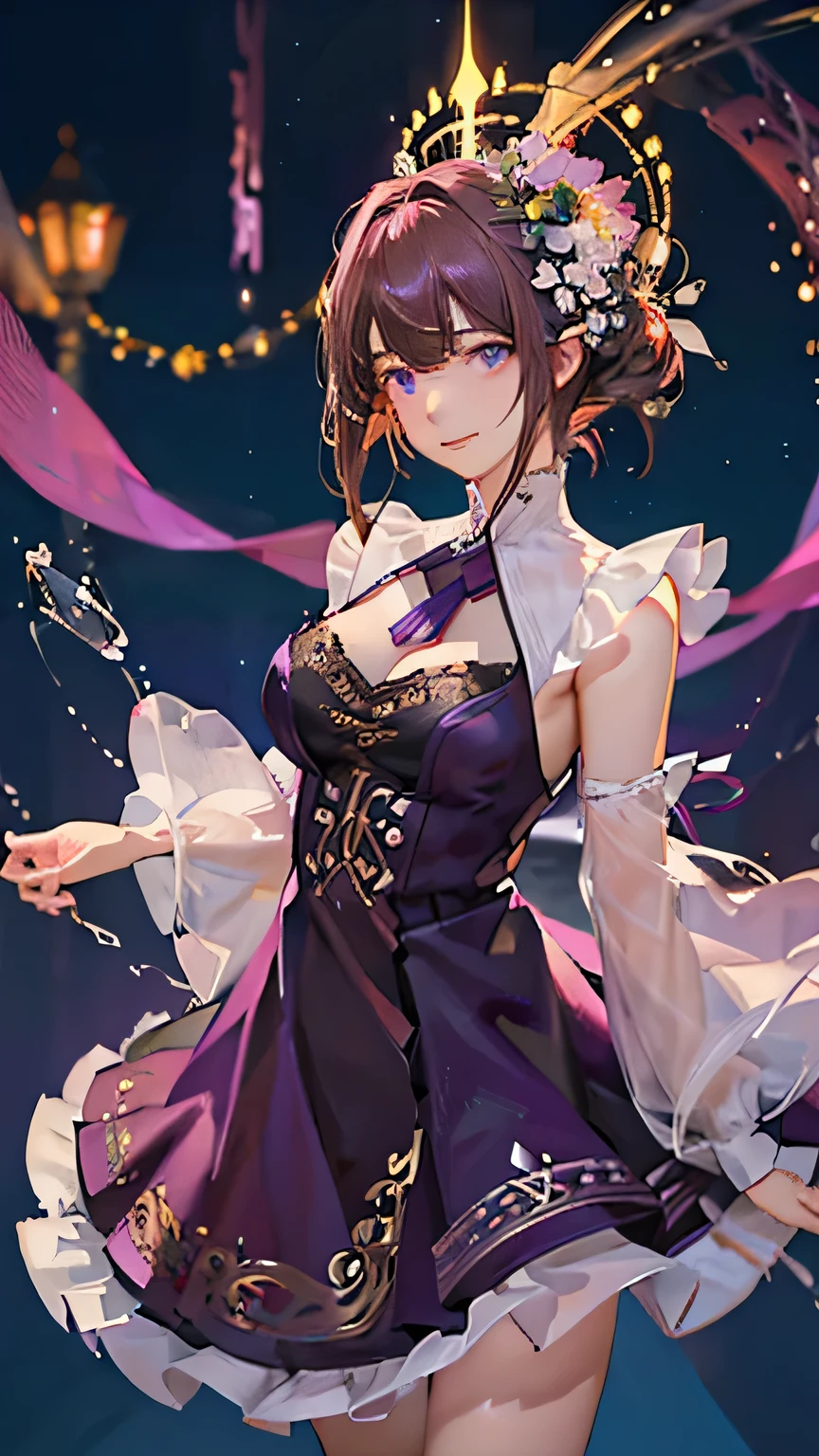 (highest quality, High resolution), Glowing Eyes, Delicate facial features, Vibrant colors, Dreamy atmosphere, Fantasy Theme, Floral Background, Graceful Movement, Detailed clothing, loose fitting dress, Elegant fashion, Magic lighting, Mysterious Aura, Heavenly Beauty, Magic thread, Whimsical elements,Big Breasts、Red attire、Colorful costumes、lingerie、Purple outfit