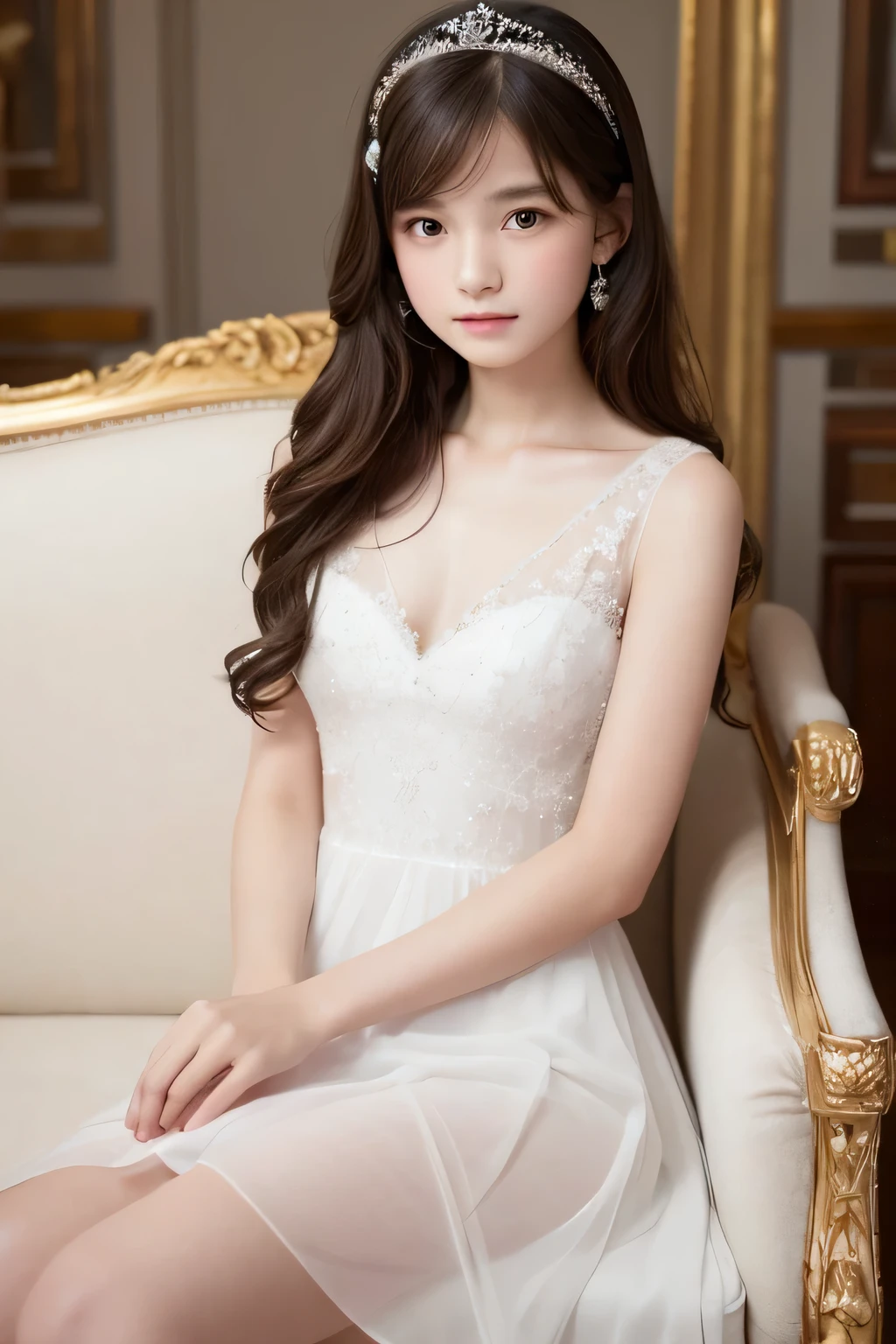 ((highest quality)), ((Photo quality)), (detailed), Perfect Face，White skin，，Sheer dress,delicate,sofa