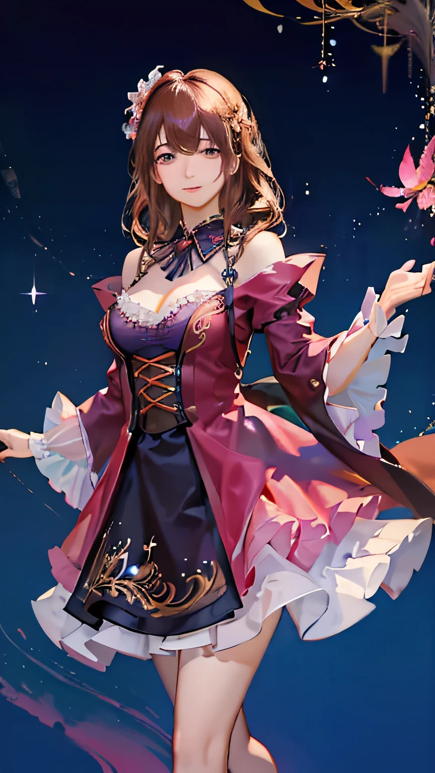 (highest quality, High resolution), Glowing Eyes, Delicate facial features, Vibrant colors, Dreamy atmosphere, Fantasy Theme, Floral Background, Graceful Movement, Detailed clothing, loose fitting dress, Elegant fashion, Magic lighting, Mysterious Aura, Heavenly Beauty, Magic thread, Whimsical elements,Big Breasts、Red attire、Colorful costumes、lingerie、Purple outfit