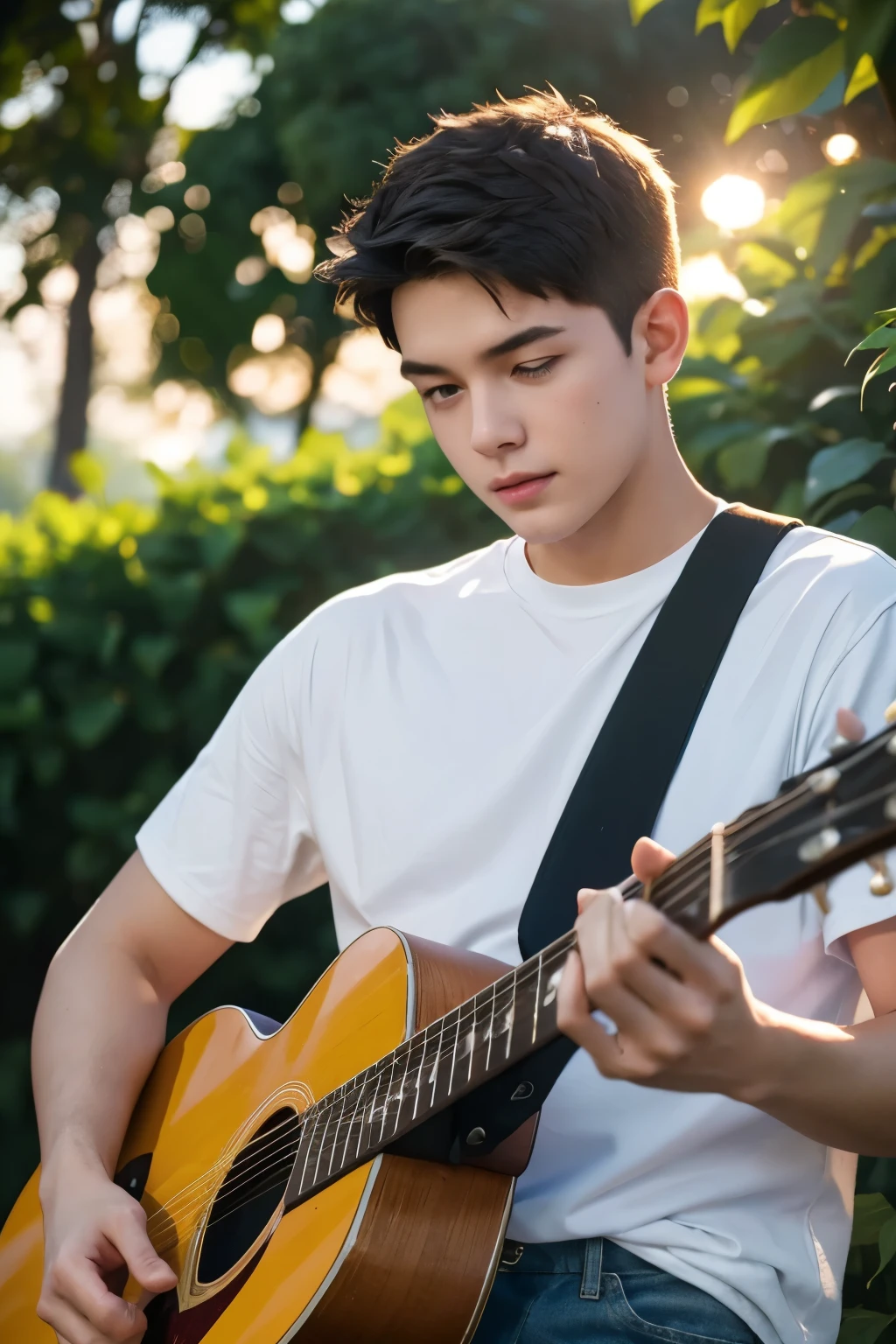 Richard Wayne Van Dyke, 18 years old, white t-shirt and blue jeans, vibrant and energetic, playing guitar passionately, surrounded by a lush green garden with colorful flowers in bloom. (best quality,4k,8k,highres,masterpiece:1.2), ultra-detailed, (realistic,photorealistic,photo-realistic:1.37) medium, bokeh, portraits, vivid and warm color palette, sunset lighting.