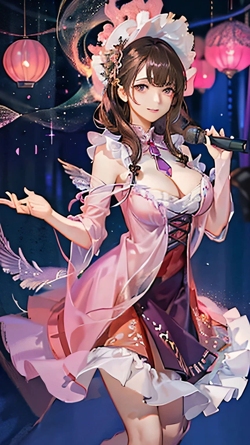 (highest quality, High resolution), Glowing Eyes, Delicate facial features, Vibrant colors, Dreamy atmosphere, Fantasy Theme, Floral Background, Graceful Movement, Detailed clothing, loose fitting dress, Elegant fashion, Magic lighting, Mysterious Aura, Heavenly Beauty, Magic thread, Whimsical elements,Big Breasts、Red attire、Colorful costumes、lingerie、Purple outfit