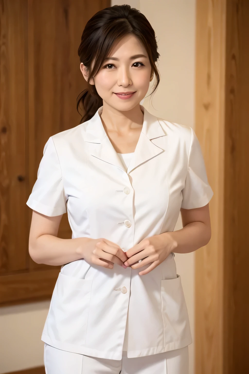 Japanese、Mature Nurse、Wearing a white coat、A big red bra is visible、Positive、Upper Body