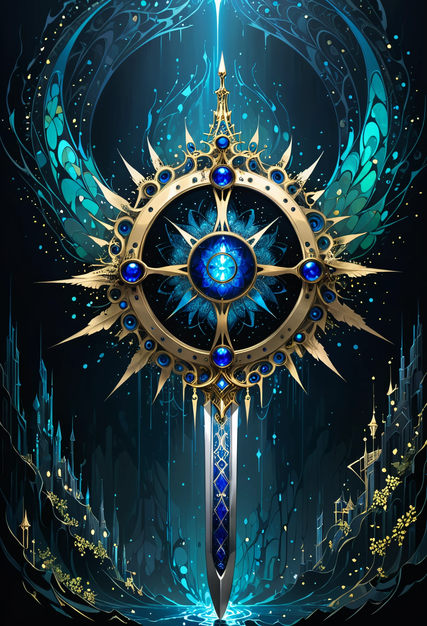 in style of Harry Clarke,(Mysterious Landscape),[suspenseful],Fantasy,Dark,shadowy,atmospheric,dark colors,(A miracle stone showing modern technological patterns),(demon crown:1.3),(heavy sword with a dangerous aura:1.2),(transformed by future technology:1.2),(gold,dark blue,dodgerblue,color palette:1.2),(fractal art:0.9),