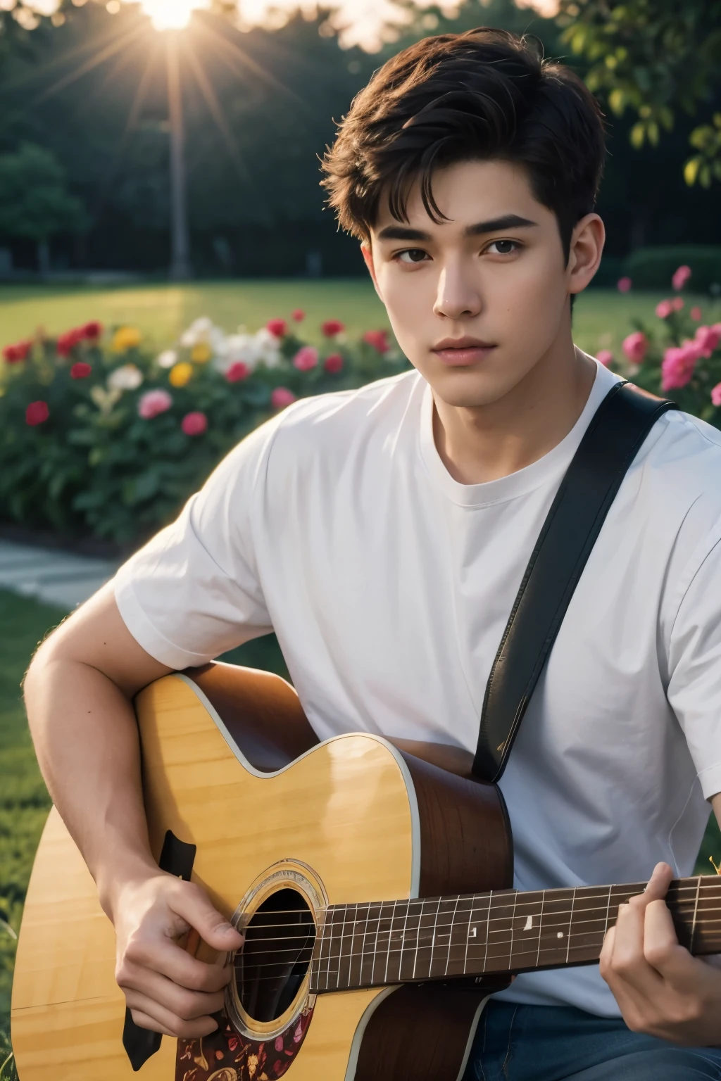 Richard Wayne Van Dyke, 18 years old, white t-shirt and blue jeans, vibrant and energetic, playing guitar passionately, surrounded by a lush green garden with colorful flowers in bloom. (best quality,4k,8k,highres,masterpiece:1.2), ultra-detailed, (realistic,photorealistic,photo-realistic:1.37) medium, bokeh, portraits, vivid and warm color palette, sunset lighting.