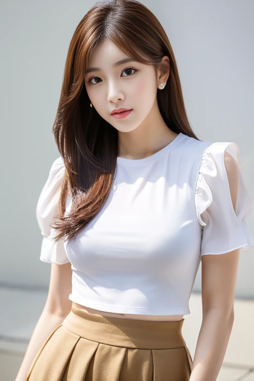 best quality，masterpiece，HD，Clear face，Delicate face shape，Brown long hair hairstyle，a korean beauty，26 years old，Sexy low-cut puff sleeve bow short-sleeved T-shirt top，full-body shot，full-body shot，Korean makeup，Small waist，cute short skirt