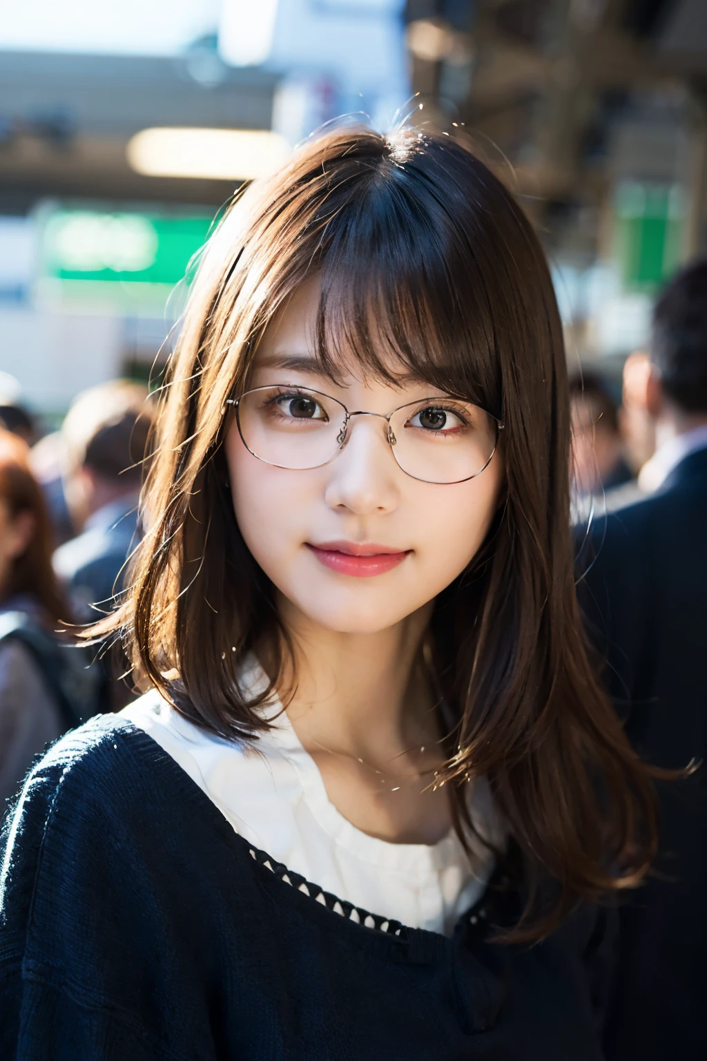 (8k、Raw photo、highest quality、masterpiece:1.2)、(Realistic、Photorealistic:1.37)、Ultra-detailed、超A high resolution、1 girl、Seeing the viewer、Beautifully detailed face、Laughter、narrow、(Narrow waist) :1.3)、shortcut、Beautifully detailed skin、Skin Texture、Floating Hair、Professional Lighting、Waiting for the train on the platform、Black-rimmed square glasses 、Human whole body、Brown Hair