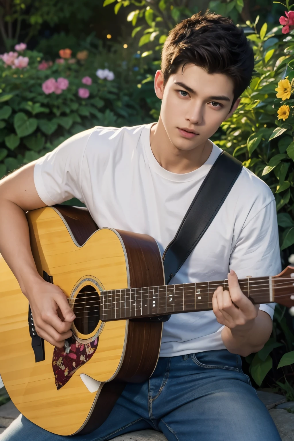 Richard Wayne Van Dyke, 18 years old, wearing no t-shirt and blue jeans, vibrant and energetic, playing guitar passionately, surrounded by a lush green garden with colorful flowers in bloom. (best quality,4k,8k,highres,masterpiece:1.2), ultra-detailed, (realistic,photorealistic,photo-realistic:1.37) medium, bokeh, portraits, vivid and warm color palette, sunset lighting.