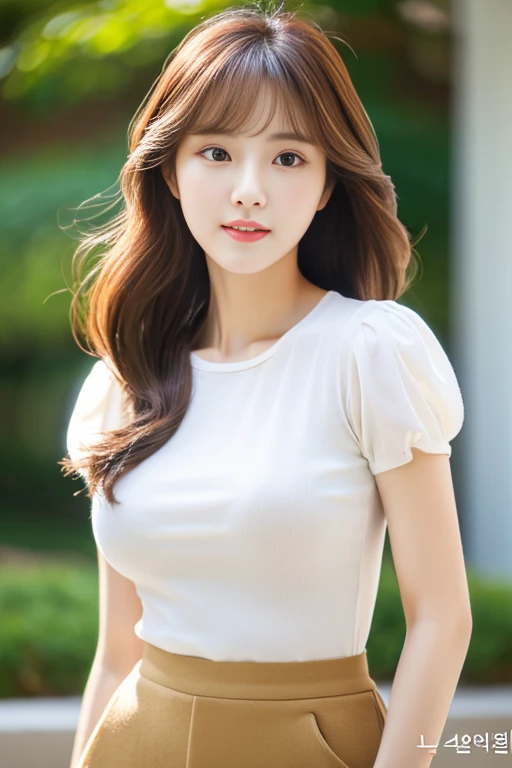 best quality，masterpiece，HD，Clear face，Delicate face shape，Light brown long hair hairstyle，a korean beauty，26 years old，Sexy low-cut puff sleeve bow short-sleeved T-shirt top，full-body shot，full-body shot，Korean makeup，Small waist，cute short skirt