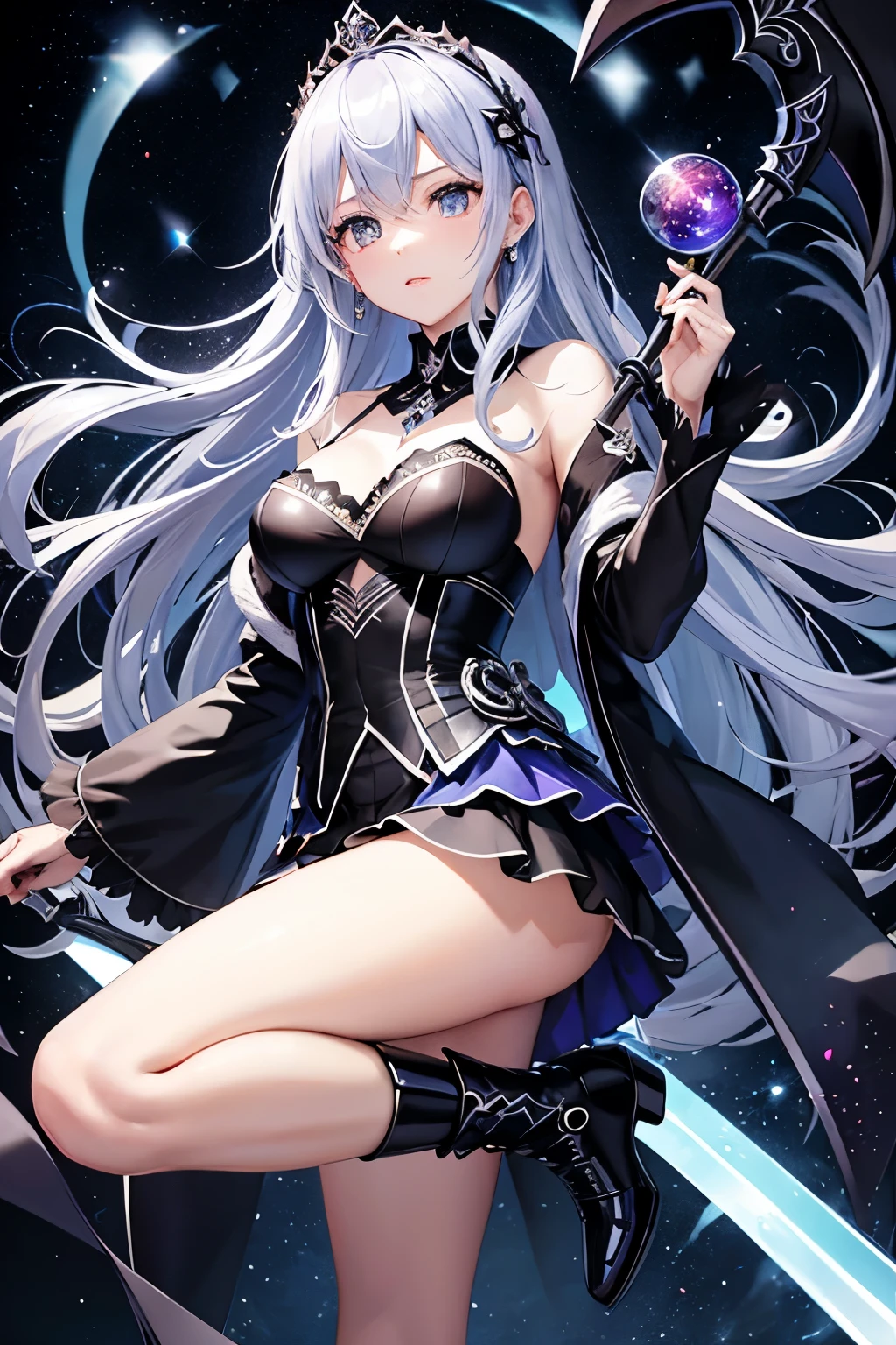 （（（highest quality、first-class、masterpiece、Normal body、8k、Detailed face、Ultra-precision、Normal hand、Normal finger、５Finger、）））Blue and silver hair、Princess、Black Dress、Black Skirt、Ridiculous Costumes、Shiny Tiara、Metal Boots、Death Scythe、Dark Scythe、Grim Reaper、grim Reaper、Colorful Magic Light、magic cirlcle、Order and Chaoyth、Collapsed galaxy、Dimensional Destruction、Paradox、Matrix、Cesar、Galaxy Center