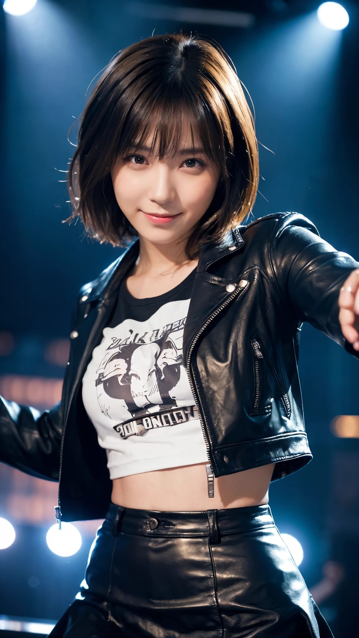 girl, White skin, ((Dark brown short tiered hair)), V cut with layers and bangs, Brown eyes, Soft atmosphere characteristics (Highest quality, Ultra-high resolution, 8k, RAW Photos, Ultra-high resolution: 1.2, masterpiece: 1.3), (Realistic, Realistic: 1.37), Very detailed, Professional Lighting, Photon Mapping, Radio City, 物理ベースレンダring, One Girl, （high school girl）, Sharp focus:1.2、Beautiful woman:1.4,cute, Nice, Adorable smile, Normal chest, Cross Necklace、Earrings、ring,(Cleavage)、((Dark brown short hair)),(A cute toothy smile),(((Black mini skirt, Fishnet tights, Studded jacket, Platform boots, Rock atmosphere, Live Performance Venues, Holding a guitar)))