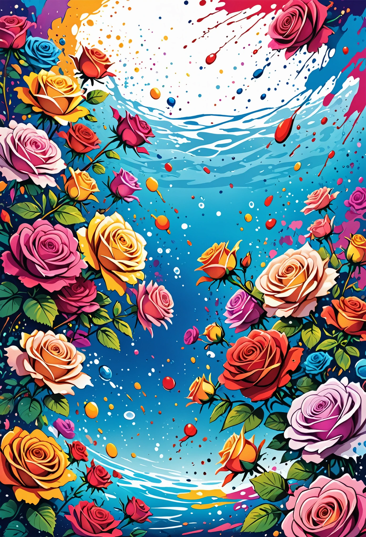 Vector Art, Colorful illustration with lots of roses, In the center, Vibrant colors, Paint splatters and stains, High Detail, Underwater swimming background