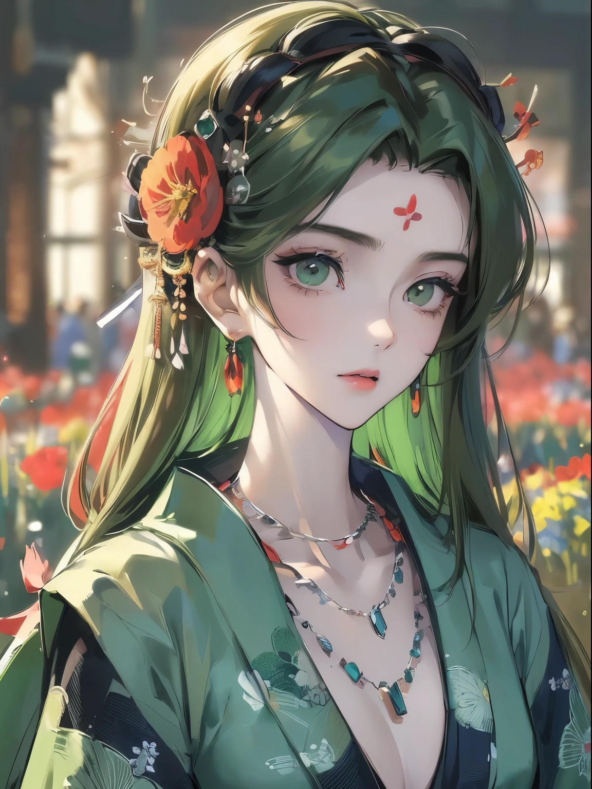 ((masterpiece, best quality)), ((anime girl in the flower field)) (1girl, portrait, close up), (solo, alluring face, seductive face, elegant eyes, jewelery, necklace, japanese headdress), (female focus, mature), (dark green hair, ancient japanese hairstyle), dark green eyes, sharp eye, detailed eye, ((dark green kimono)), portraits, dramatic lighting, calm atmosphere