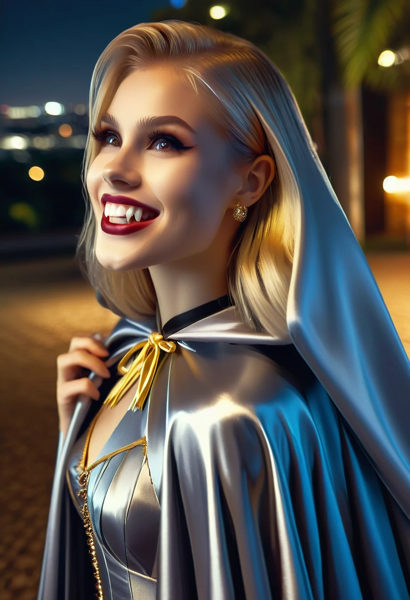 Vampyfangs1,(RAW photo) , 1girl, cute, 20 years old, long blonde hair in ponytail, smiling, look at viewer, ((((silver and gold lined satin cape tied at the neck)))+++, side spilt skirt , photo, realistic, best quality, hires, detailed face, detailed background, diffused lighting, depth of field, bokeh