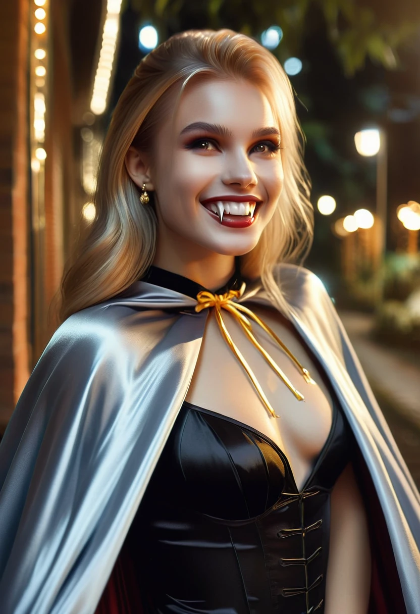 Vampyfangs1,(RAW photo) , 1girl, cute, 20 years old, long blonde hair in ponytail, smiling, look at viewer, ((((silver and gold lined satin cape tied at the neck)))+++, side spilt skirt , photo, realistic, best quality, hires, detailed face, detailed background, diffused lighting, depth of field, bokeh