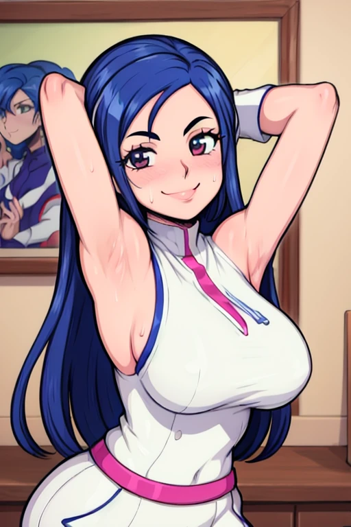 masterpiece, best quality, pretty cure, looking at viewer, very large breasts, upper body, portrait, looking at viewer, seductive smile,put your hands behind your head, armpits, armpits visible, sweaty armpits, long hair, blue hair, white outfit