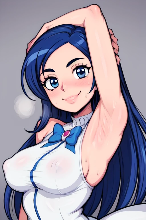 masterpiece, best quality, pretty cure, looking at viewer, very large breasts, upper body, portrait, looking at viewer, seductive smile,put your hands behind your head, armpits, armpits visible, sweaty armpits, long hair, blue hair, white outfit