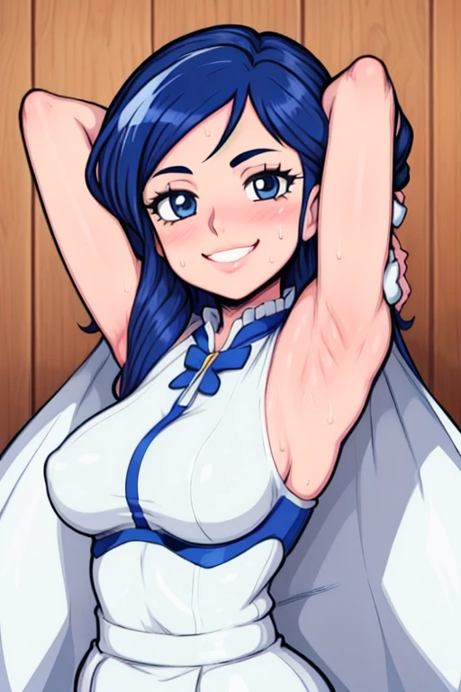 masterpiece, best quality, pretty cure, looking at viewer, very large breasts, upper body, portrait, looking at viewer, seductive smile,put your hands behind your head, armpits, armpits visible, sweaty armpits, long hair, blue hair, white outfit