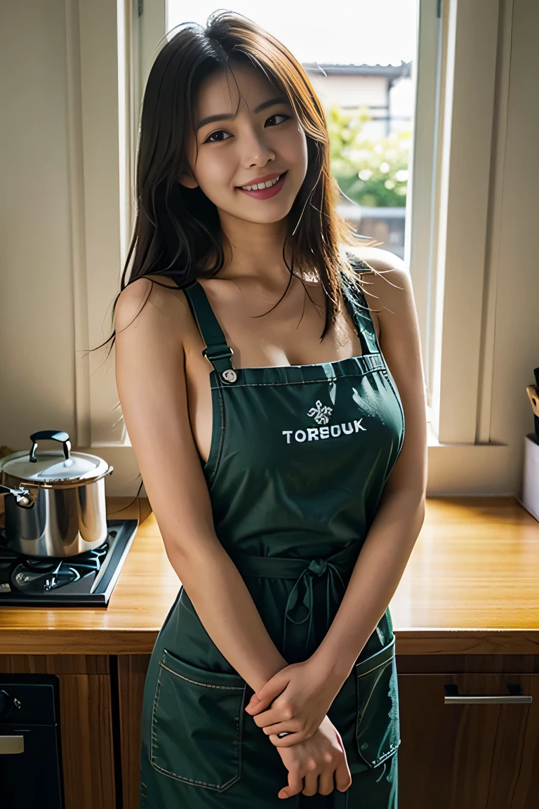 A girl works on a workbench at Starbucks，She wears a black Starbucks baseball cap on her head，She wore only a green Starbucks apron，high high quality、tmasterpiece、Hyper-Resolution、Cute girl face、barechested、NAKED Apron、wearing apron、full bodyesbian、