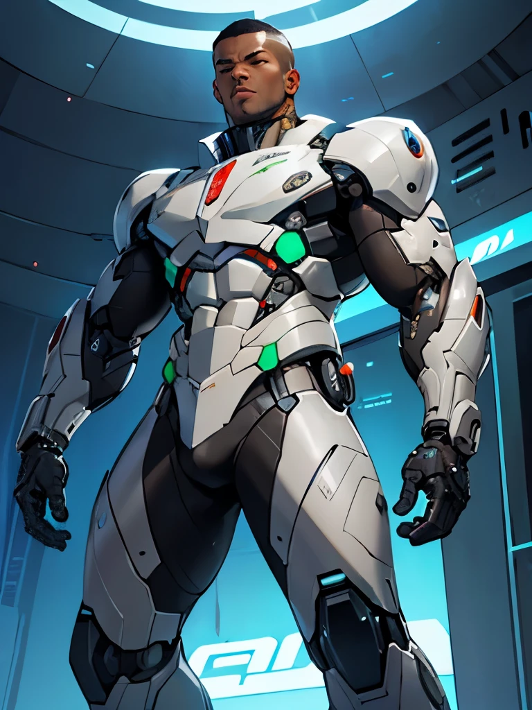 A highly detailed Cyborg, sporting futuristic details white armor on his bionic body. (An extremely detailed cyborg with futuristic details standing pose.) black skin, full _body_camera_angle.
