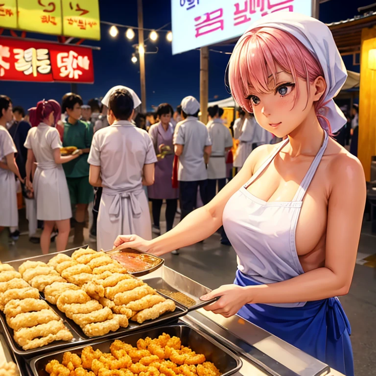 A woman with a towel wrapped around her head making a large amount of tempura at a night market in Korea　highest quality　Wearing an apron