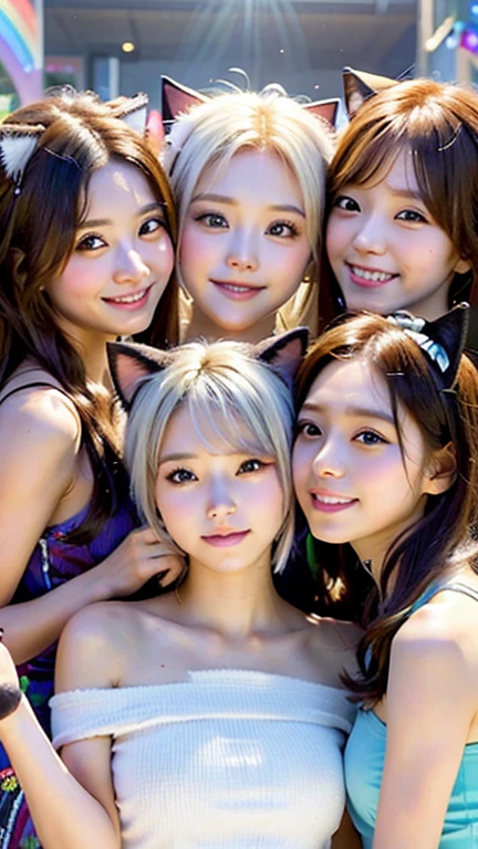masterpiece, 4K, Bokeh, Beautiful Face, Harem, (Multiple Girls:1.4), (Group photo:1.5), (Cat ear:1.3), (white bob hair:1.3) , Looking at the audience, Cowboy Shot, With many cats in his arms, (bibid rainbow background :1.4), Sleeveless shirt、Off the shoulder、close