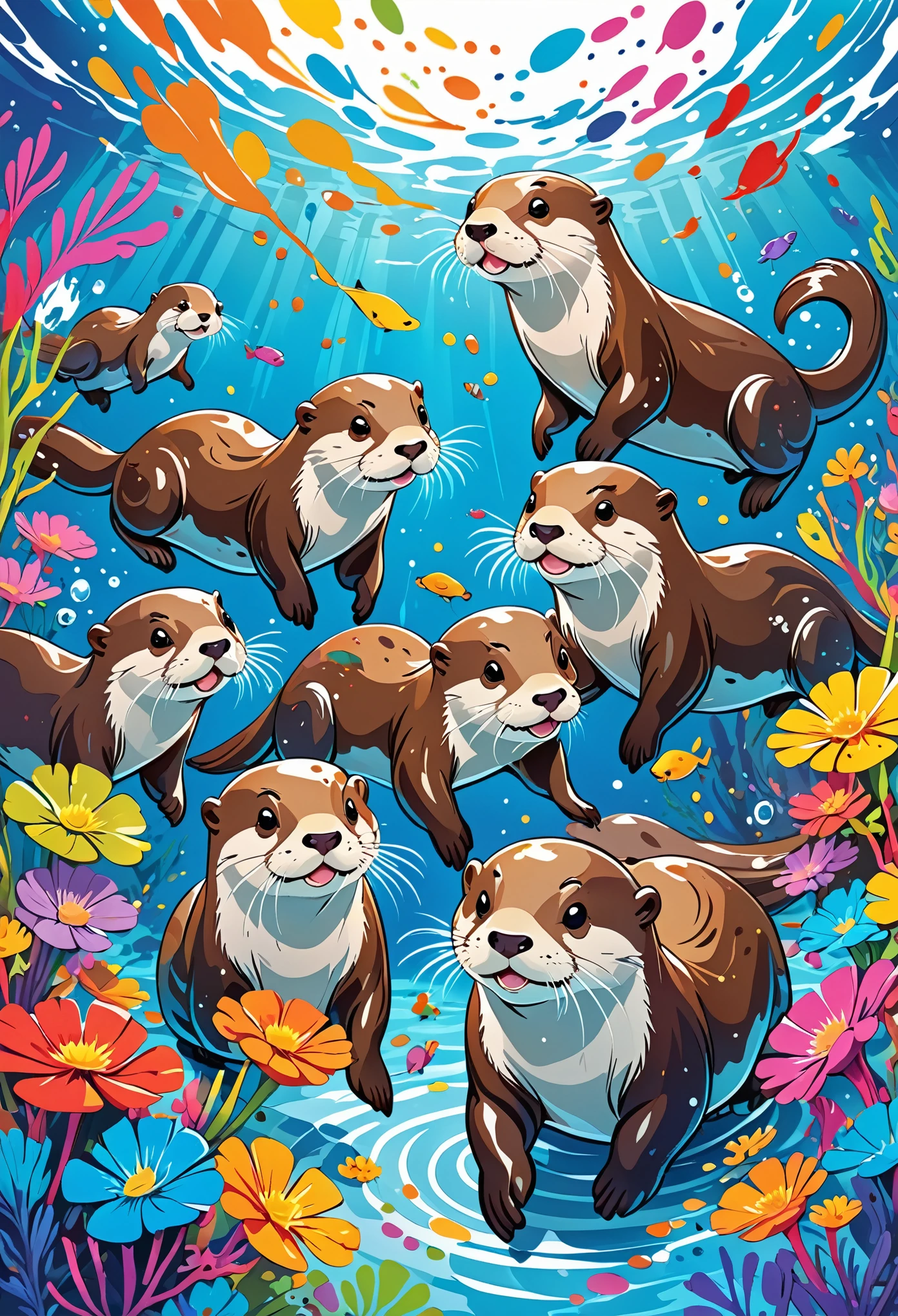Vector Art, Colorful illustration with lots of cartoon otters, In the center, Vibrant colors, Paint splatters and stains, High Detail, Underwater swimming background