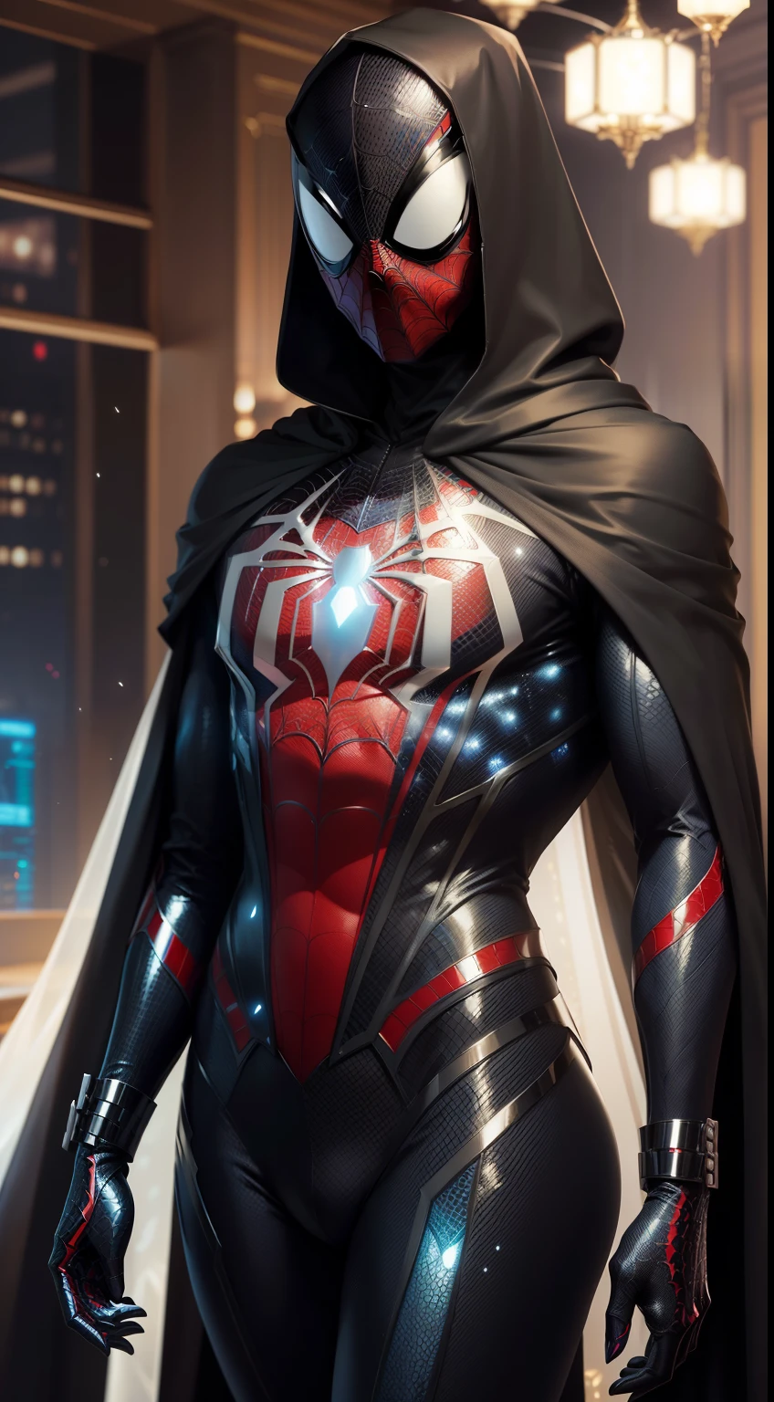 This suit is made from nanotechnology-changing fabric., With a chrome chandelier on the chest and constellation details on the sleeves and legs.. It has a removable cloak that looks like spaceship wings. , ((holographic hacker hat),which projects a cosmic mask onto Spider-Man's face... This suit allows you to breathe in space and adapt to the alien environment., Combining cosmic style with outstanding functionality..