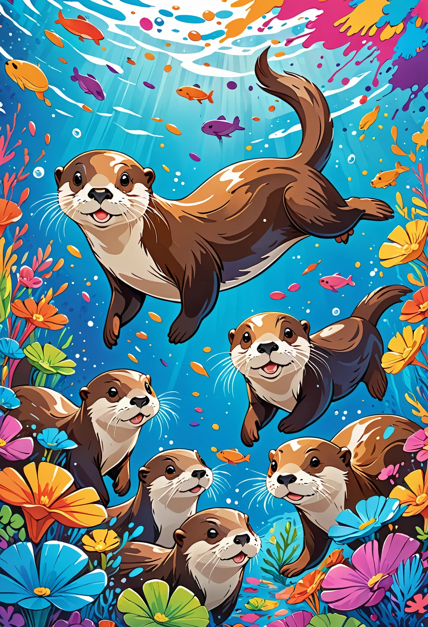 Vector Art, Colorful illustration with lots of cartoon otters, In the center, Vibrant colors, Paint splatters and stains, High Detail, Underwater swimming background