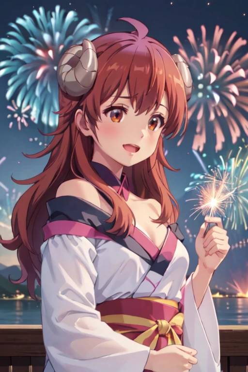 masterpiece, best quality, ultra detailed, highres, extremely detailed CG unity 8k wallpaper, perfect lighting, very detailed background, beautiful and aesthetic,sharp focus, perfect face, dynamic pose, dynamic angle,
1girl, upper body, (portrait:1.1), multicolored yukata, kanzashi, looking at viewer, full-face blush, from side, from below, smile,Open your mouth、Pink Lips、
night, dark sky, misty lake, mountainous horizon, break,aerial fireworks, (Full of sky fireworks:1.2),
、(Shoulder Bare:1.2)、(Off the shoulder:1.4)、(Holding a handheld firework:1.2)、(flat chest:1.2)、
(yuuko yoshida)、