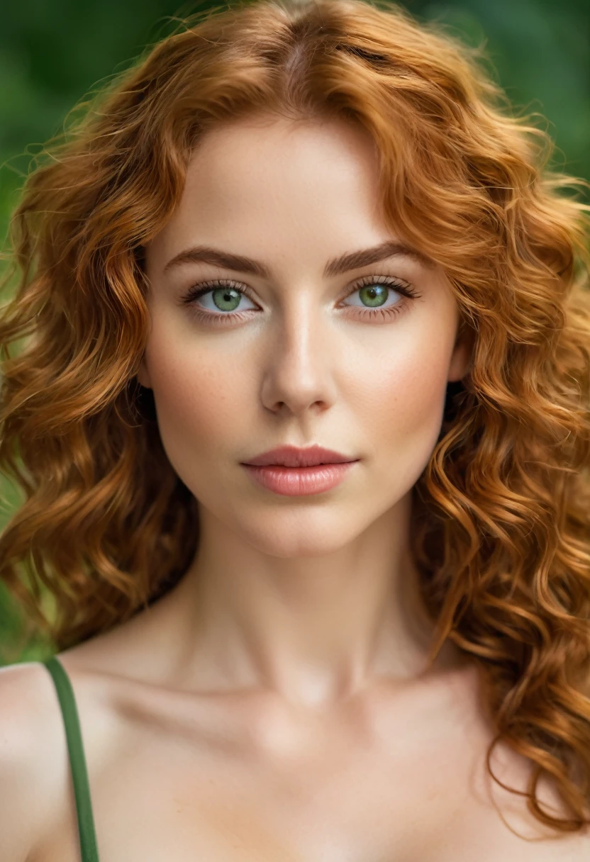 ((best quality)), ((masterpiece)), (detailed), visage parfait, visage et corp vu de face jusqu'au dessous de la poitrine, femme, rousse, long, slightly curly hair, low cut chest, shoulder, yeux vert regarde le photographe, A slight smile, sublime lips 