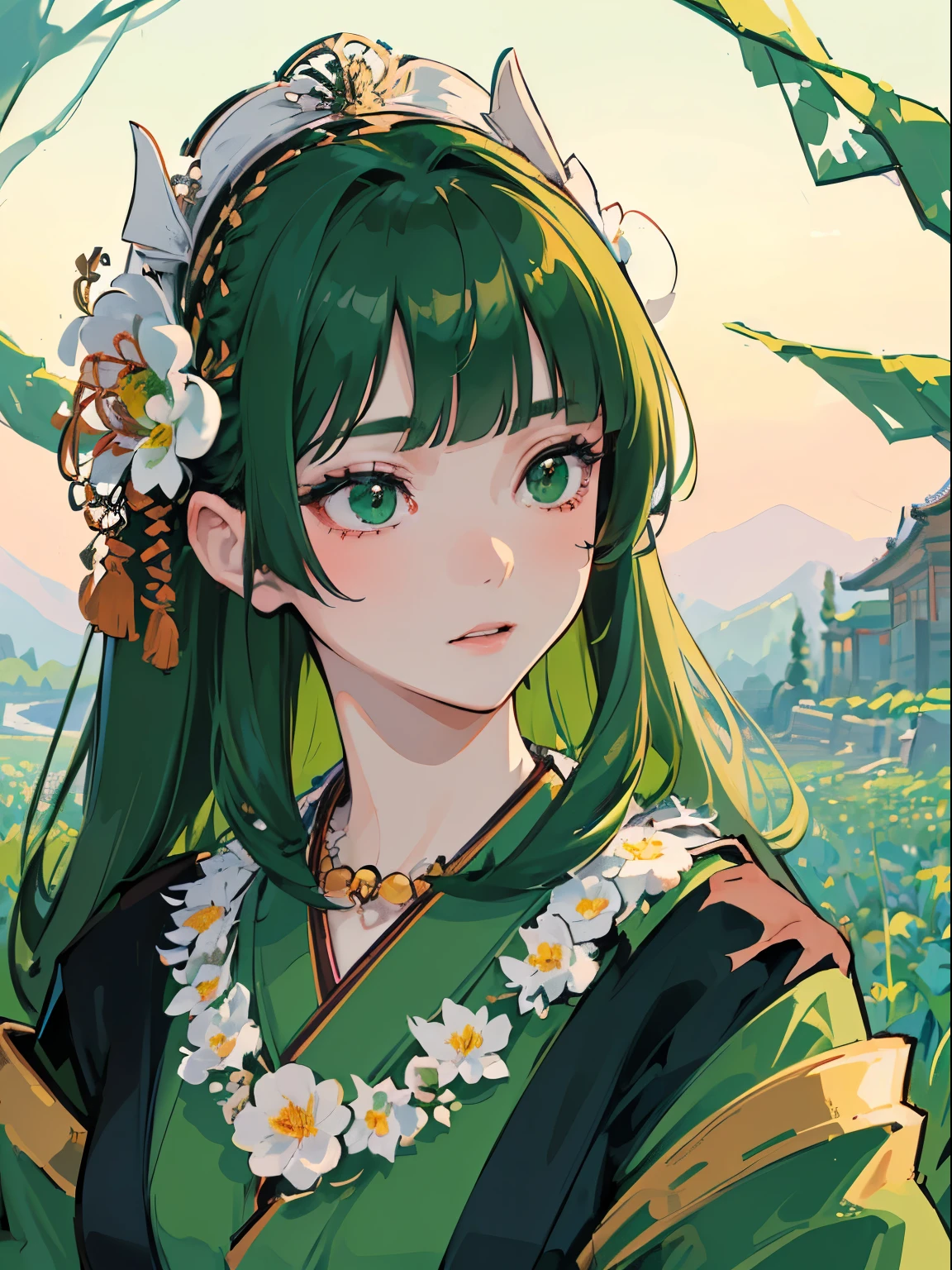 ((masterpiece, best quality)), ((anime girl in the flower field)) (1girl, portrait, close up), (solo, alluring face, seductive face, elegant eyes, jewelery, necklace, japanese headdress), (female focus, mature), (dark green hair, ancient japanese hairstyle), dark green eyes, sharp eye, detailed eye, ((dark green kimono)), portraits, dramatic lighting, calm atmosphere
