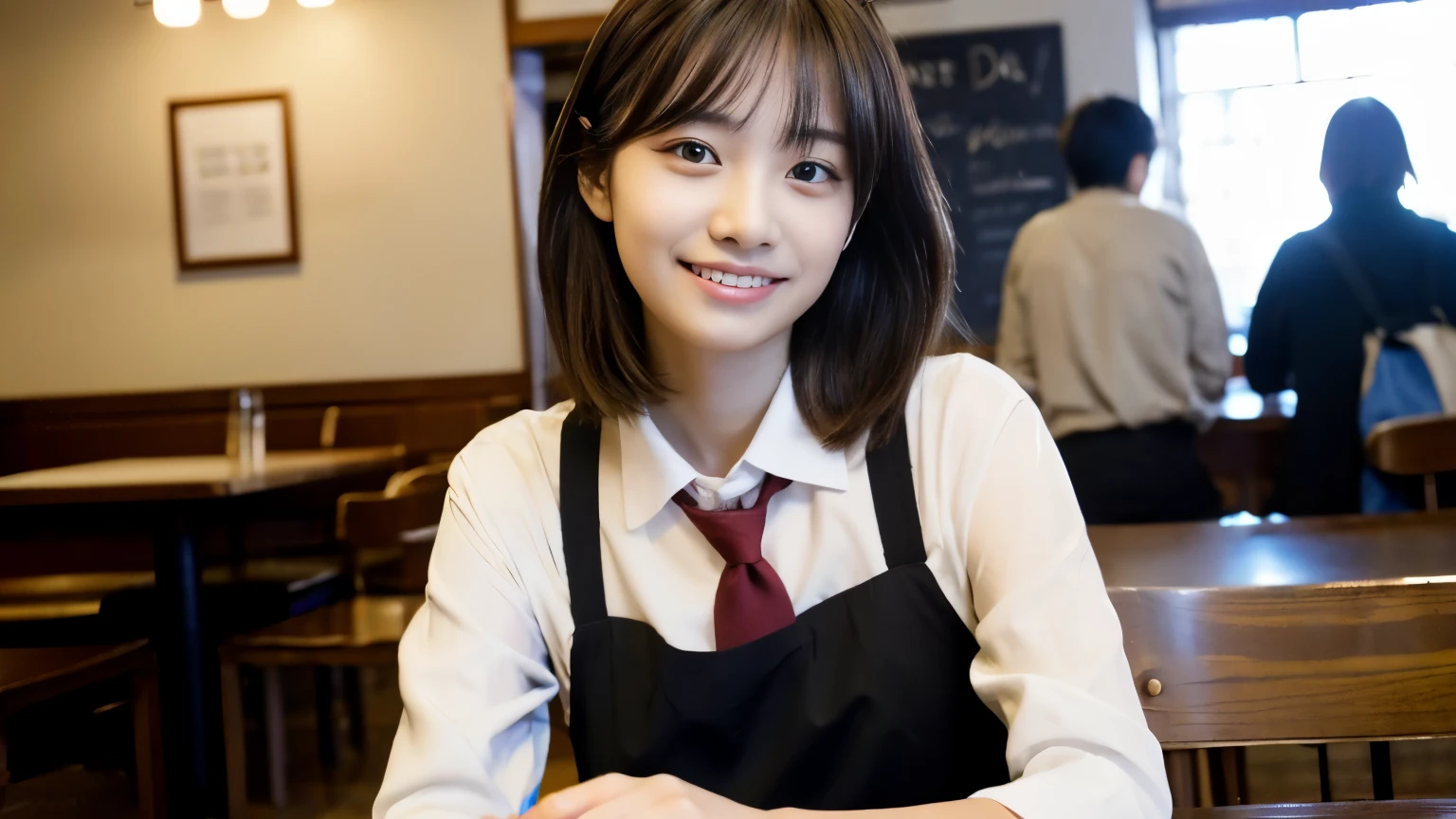 (highest quality、In 8K、32k、masterpiece、Hmph、超A high resolution、Impressionism、Photorealistic:1.2)、Cowboy Shot、Sharp focus、Detailed face and eyes、(There is a plate of cake and coffee on the table, Cafe, sit at a mocha-colored table, dessert, ミニチュアCafeジオラマ, ダイナーCafe, At the coffee shop, 居心地の良いCafeの背景, At the coffee shopコーヒーを楽しむ, Cafeに座っている, Shot on a Sony Alpha 1 camera, by Maki Haku)、Sharp pupils、Beautiful Face、Beautiful 20 year old girl、Shiny skin、Medium Short、Beautiful dark brown hair、Blunt bangs、shirt、tie、Checked mini skirt、Black socks、(Smile:1.2)、ニューヨークの明るく活気あるCafeの中で、Depicts a scene of a beautiful woman, like a model, engrossed in reading.。She is a Japanese university student.、茶髪のMedium Shortヘアをしており、It stands out for its beauty。Female college student、He was concentrating on the book on the table in front of her..、All around you, You can see other customers having fun.。Cafeの奥では、The staff are busy working at the counter..、都市のCafe特有のにぎわいと温かみが感じられる。This scene、静かな読書タイムを楽しむFemale college studentの穏やかな美しさ.、Cafeの活気ある日常生活が融合した瞬間を捉えています。