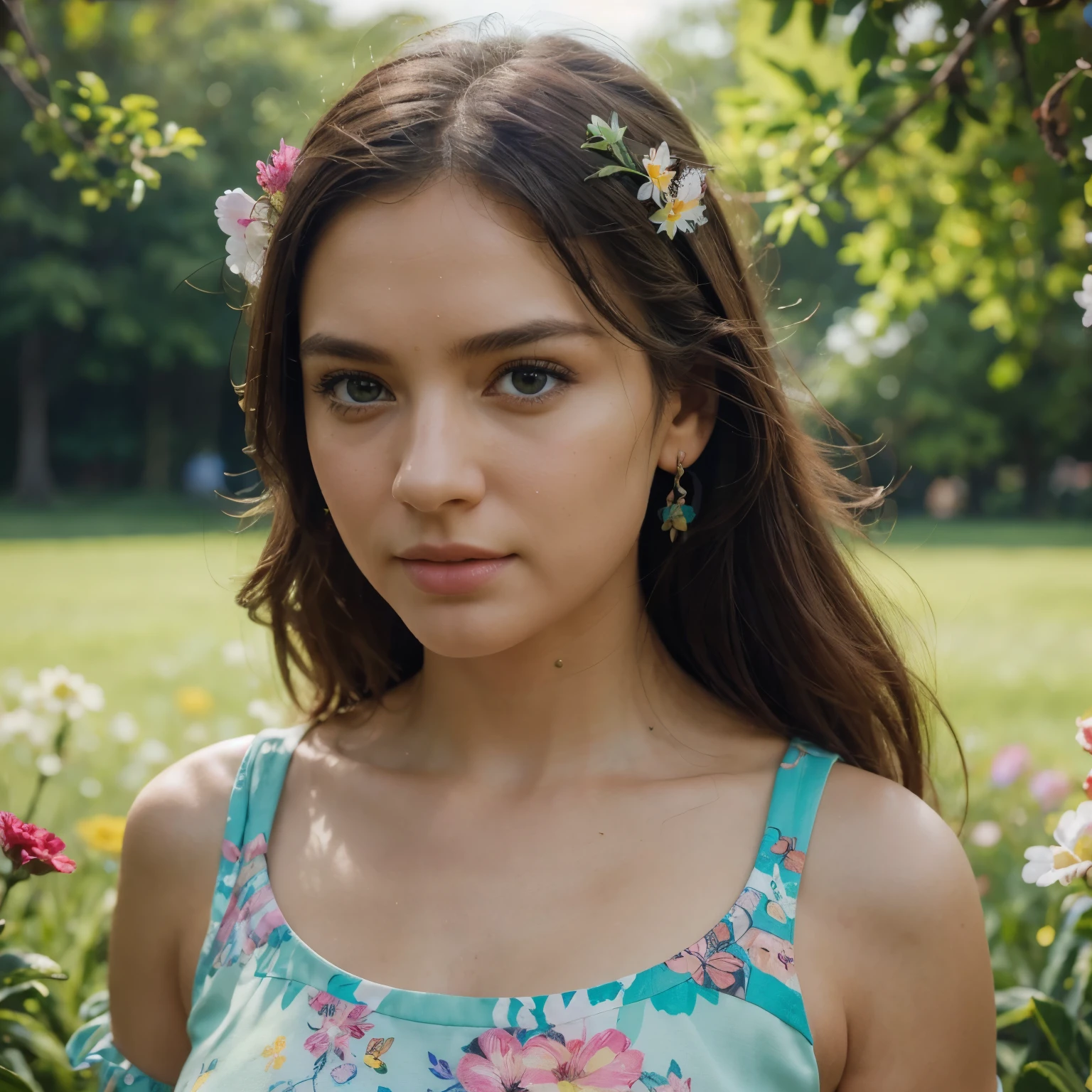 (a girl,flowers,beautiful detailed eyes,dress with floral pattern,birds flying in the sky,soft sunlight,green grass and colorful flowers,medium:oil painting,vibrant colors,soft lighting)(best quality,4k,8k,highres,masterpiece:1.2),ultra-detailed,(realistic,photorealistic,photo-realistic:1.37),HDR,UHD,studio lighting,ultra-fine painting,sharp focus,physically-based rendering,extreme detail description,professional,vivid colors,bokeh,portrait,landscape