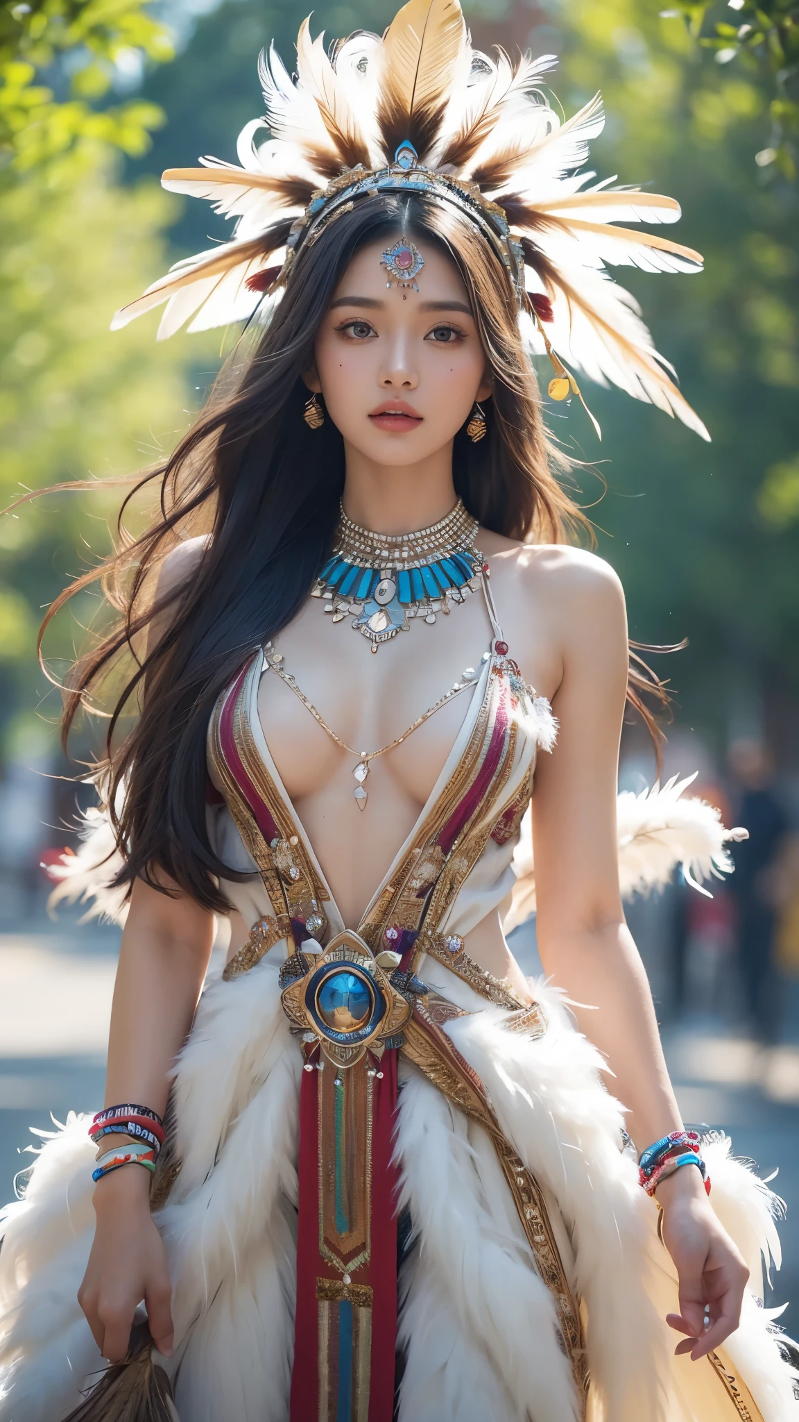 Exotic beautiful native American princess, female,very small revealing dress made with feathers, magic, alluring, sultry, full-length, female-body, hazel-eyes, bright, , OverallDetail. beautiful blurry background, perfect face and eyes, hyper-detailed hypermaximalist dynamic