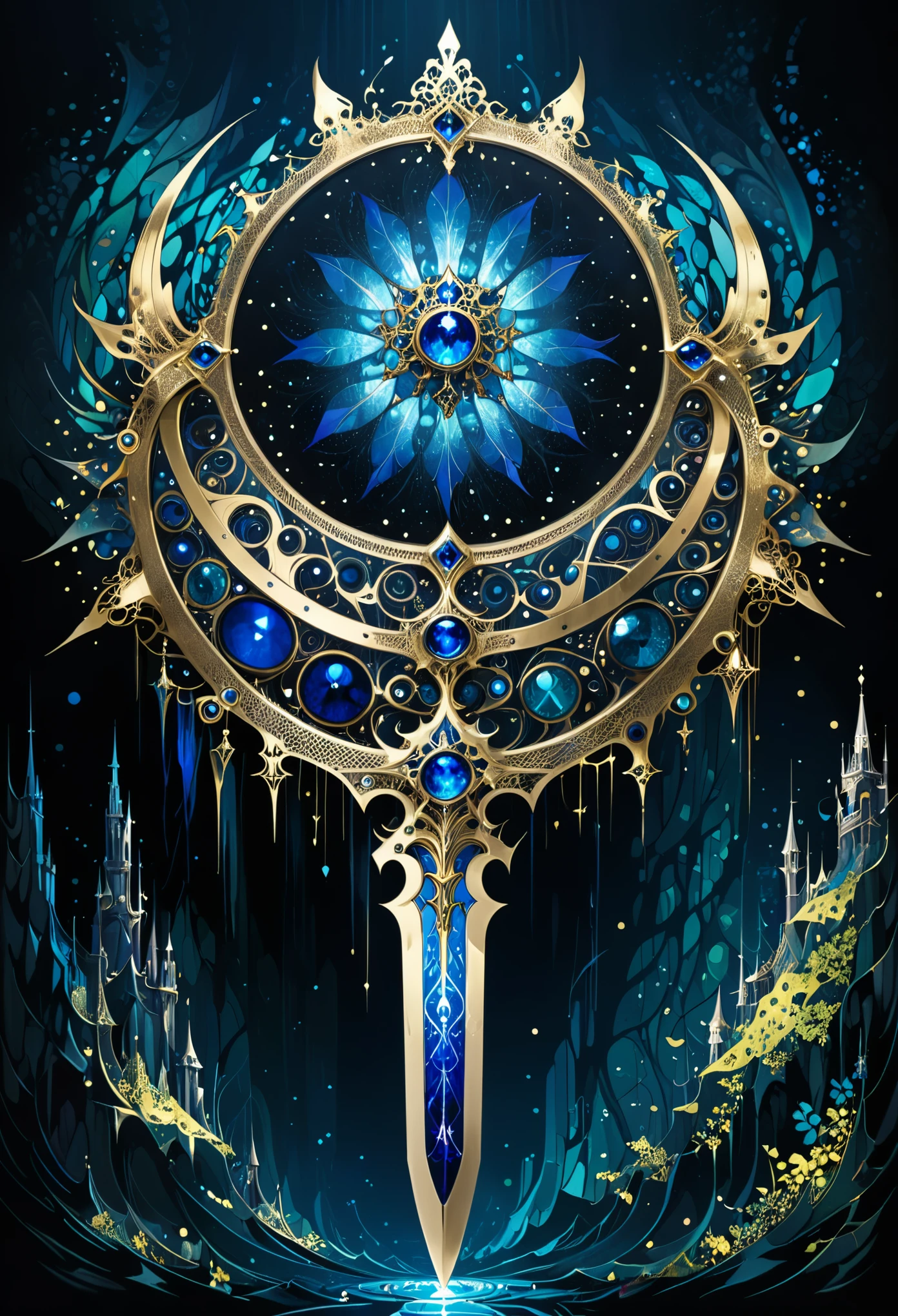 in style of Harry Clarke,(Mysterious Landscape),[suspenseful],Fantasy,Dark,shadowy,atmospheric,dark colors,(A miracle stone showing modern technological patterns),(demon crown:1.3),(heavy sword with a dangerous aura:1.2),(transformed by future technology:1.2),(gold,dark blue,dodgerblue,color palette:1.2),(fractal art:0.9),