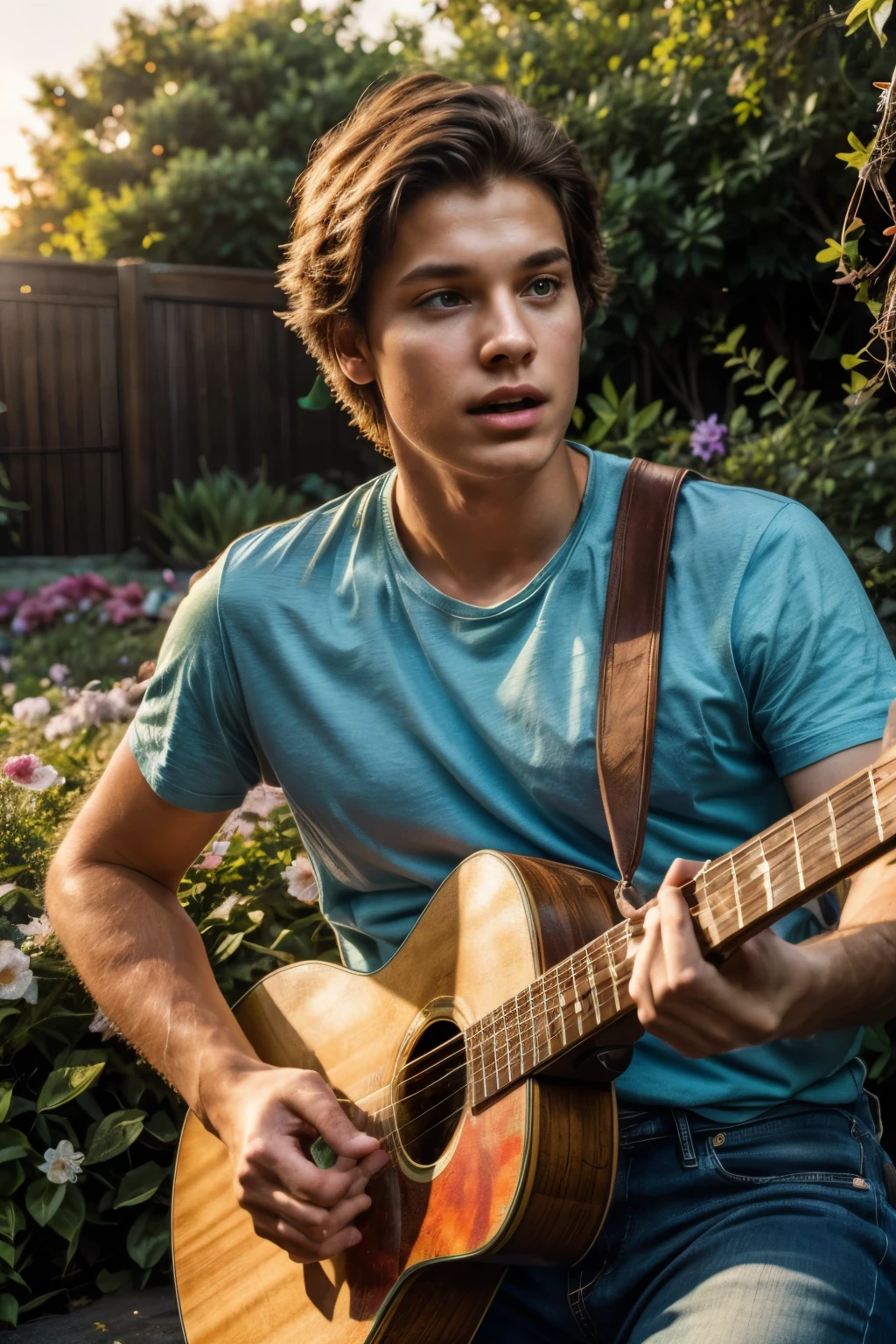 Richard Wayne Van Dyke, 18 years old, wearing no t-shirt half body naked, and blue jeans, vibrant and energetic, playing guitar passionately, surrounded by a lush green garden with colorful flowers in bloom. (best quality,4k,8k,highres,masterpiece:1.2), ultra-detailed, (realistic,photorealistic,photo-realistic:1.37) medium, bokeh, portraits, vivid and warm color palette, sunset lighting.