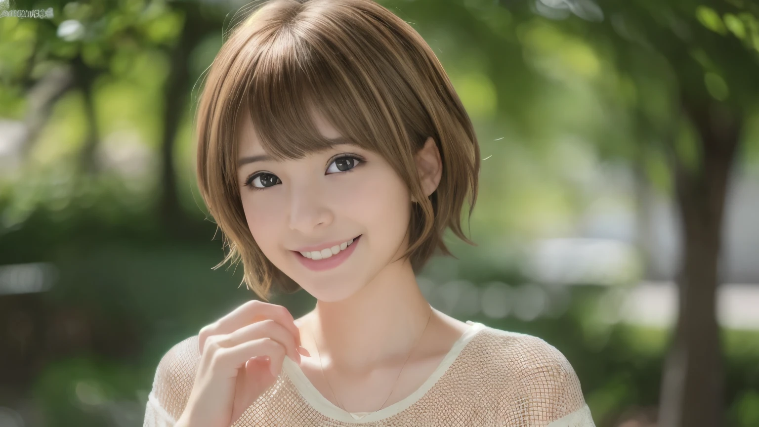 super high quality, Short Hair, Slender, (8k、RAW Photos、highest quality、masterpiece:1.2), Japanese Idol, Shaggy, (Realistic、Photorealistic:1.37), Mesh Hair, Golden Ratio, Raw photo, Cute face , Light Brown Hair, Small breasts, Blurred Background, Beautiful hairstyle, Spoiled, Smile, Neat clothes, T-Shirts, 18-year-old,