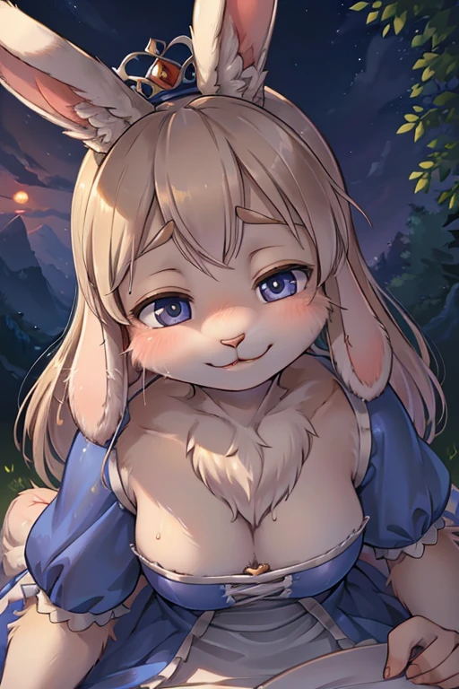 hairy rabbit Saint , (realistic hairy rabbit fur:1.5) , round face , (tilt face:1.2) , (half-open eyes:1.5) , moist round eyes , Swollen cheeks , Seduction smile , glossy lips , princess dress , Alice in Wonderland , twilight , Adorable gestures , dynamic angle , beggar