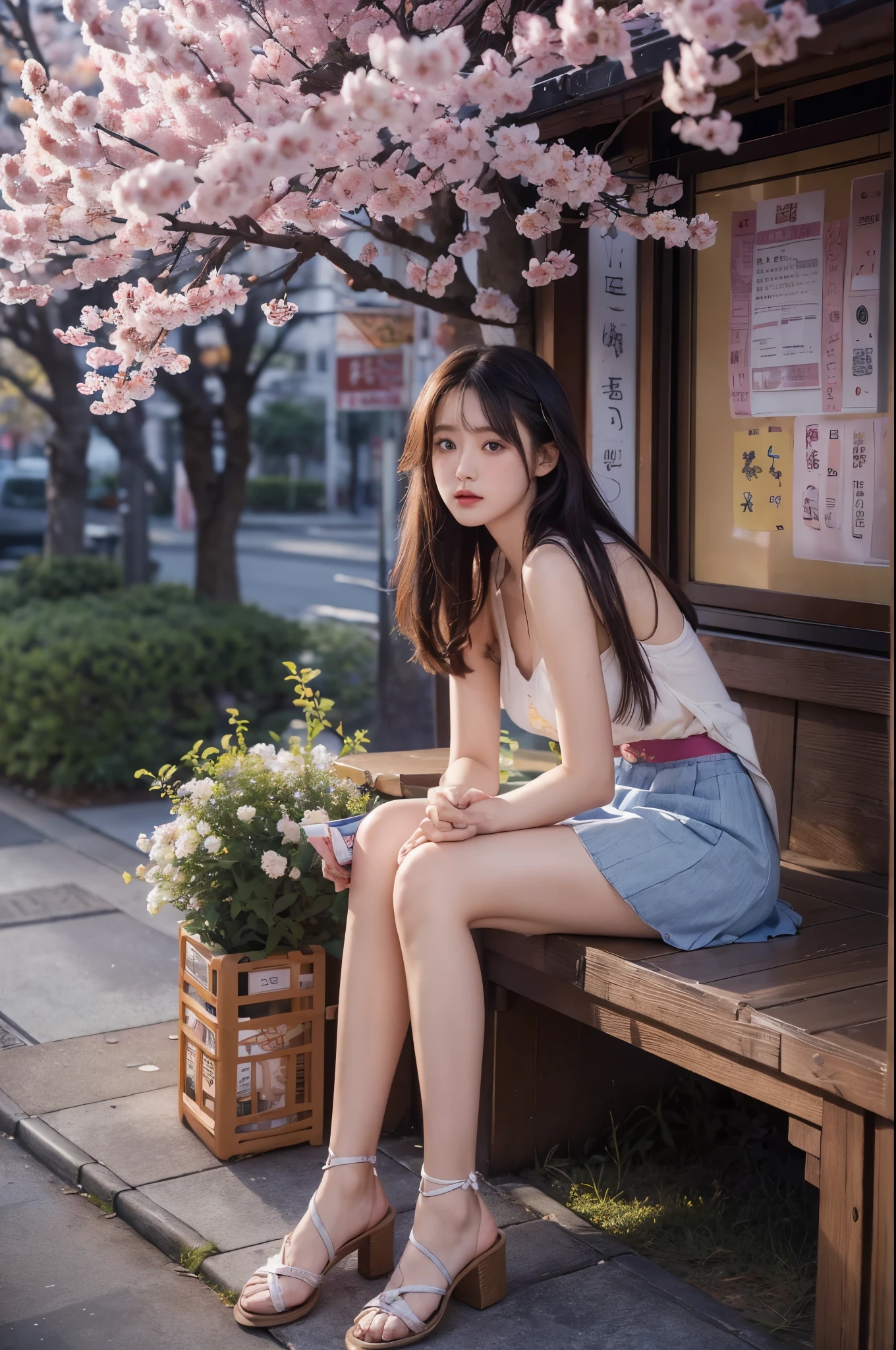 vibrant with colors、8k，((tmasterpiece)))、(((quality)))、((ultra - detailed))、(Surreal)、(Very detailed CG illustration）、offcial art、CD cover、It will be、midsummer、The glorious 1980s、1 Sister，Slender thighs，Cool beauty、Look at the audience，pretty eyes、Superskirt、Squat and sit，perfect angle、Perfectcomposition、(twilight，stairways，Sakura tree，​​Yunxia，Corner store)，