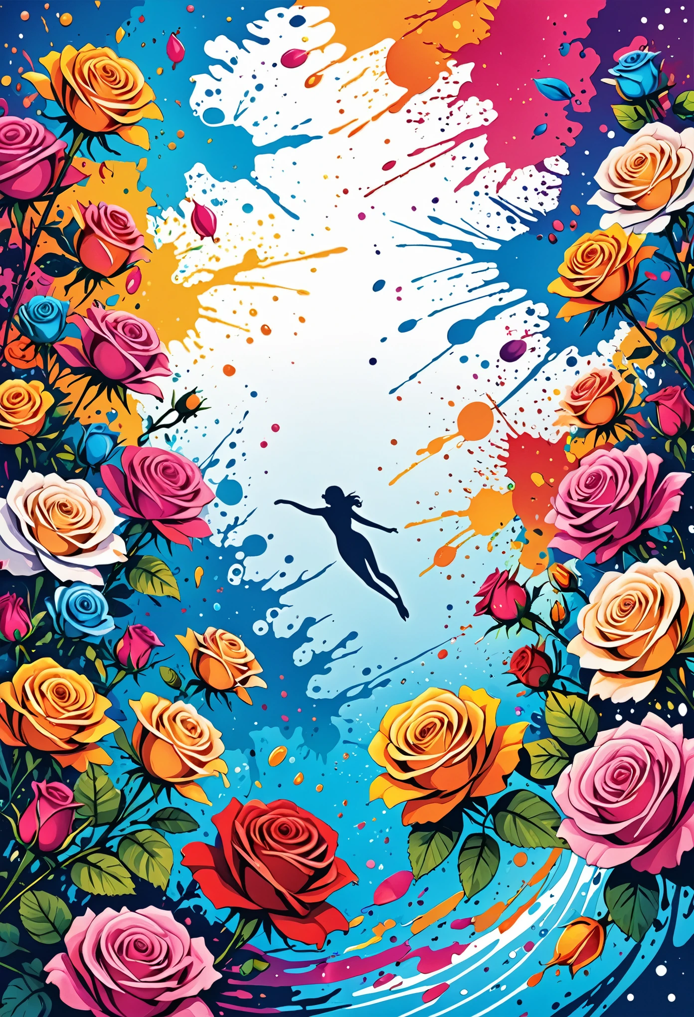 Vector Art, Colorful illustration with lots of roses, In the center, Vibrant colors, Paint splatters and stains, High Detail, Underwater swimming background