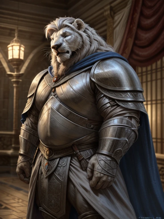 White lion，uncle，male，Mature man，huge，Fat and strong，Serious expression，With eyes closed，Place your hands behind your body，Medieval guard costume，Silver set（Full set of armor），Long cape，night，Palace hall（Detailed background:1.2),High Detail, Film Photography, original video, actual, Analog style, best quality, ultra actual, 8k, (By Fiddler Tarrant),