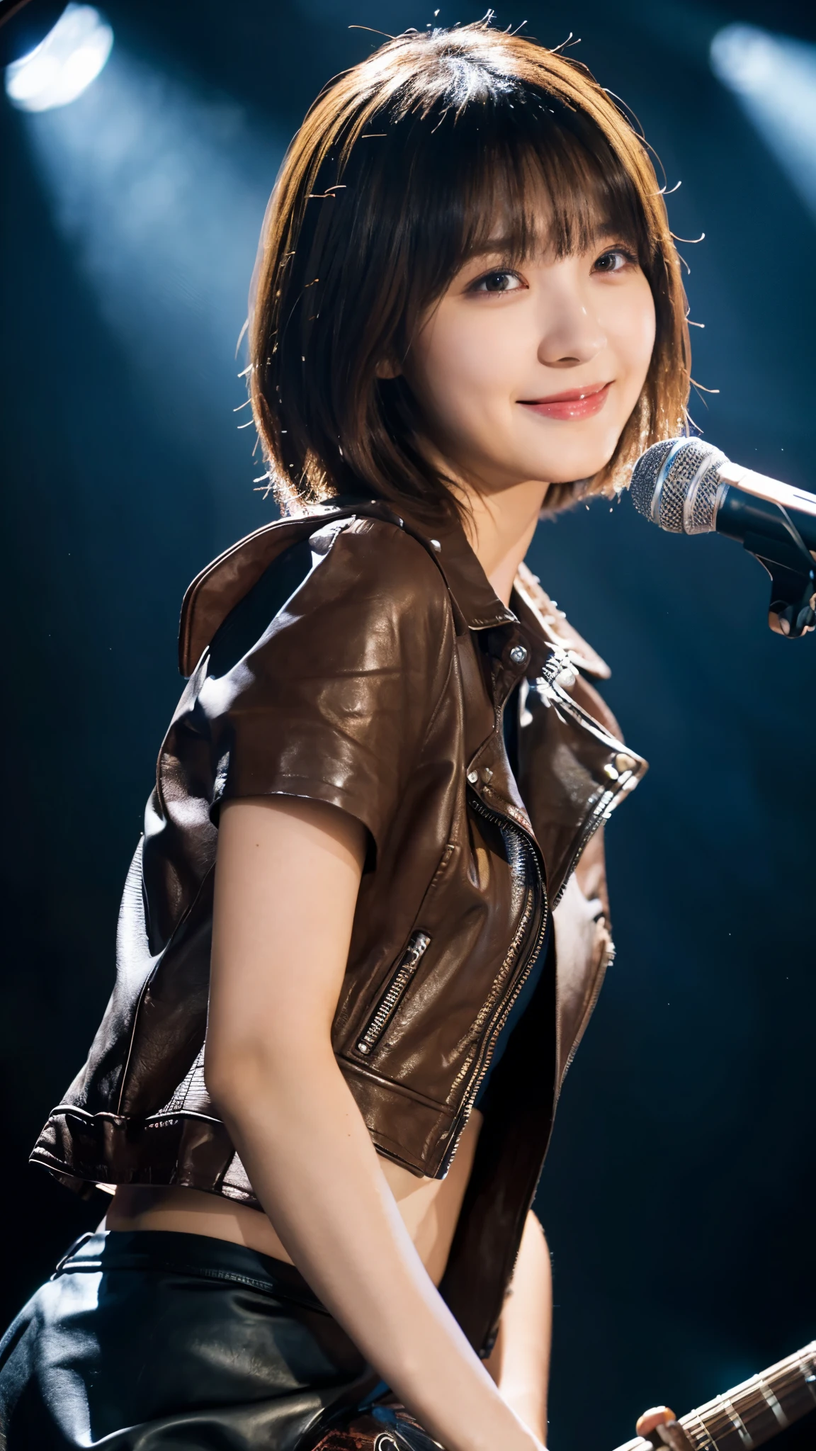 (highest quality,masterpiece:1.3,Ultra-high resolution),(Super detailed,Caustics,8k),(Photorealistic:1.4,RAW shooting),darkness,Inside the live house,A woman singing under the spotlight on stage,Age 25,cute,Are standing,Holding a microphone,(A big smile),(Looking down at the camera),Natural brown short hair,Leather jacket,T-Shirts,Tight Skirt,(Front shot),(Bust-up shot),(Low position),(Low - Angle),(Face Focus),(Face close up),Professional Lighting