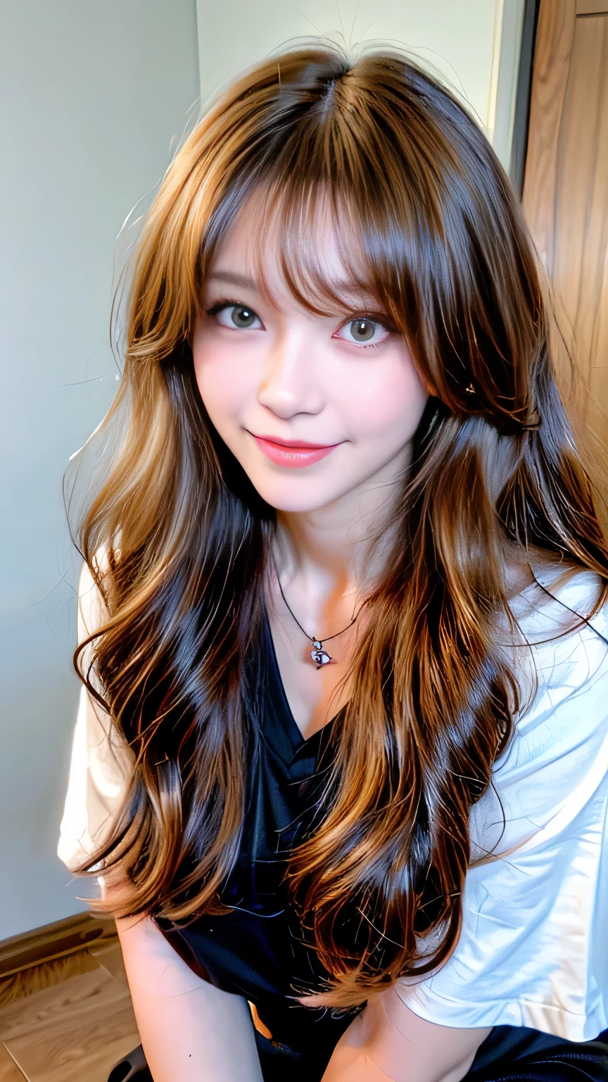Full Body Angle、((highest quality, 8K, masterpiece: 1.3)), concentrated: 1.2, Cute girl 1,Nipples erect、 Perfect beauty: 1.4,Crisscross V-neck T-shirt, Casual summer short sleeve t-shirt: 1.2,Long sleeve、Randall Color、comics&Text Graphics、Black ruffle-trimmed drawstring zip blouse,1.1, Highly detailed face and skin textures, Fine grain, double eyelid, whitening skin, ,highest quality,Ultra-high resolution,you,1 girl,alone,_Shiny_skin,Iris,necklace,((Brown_length_Wavy_hair)),(lips)),eyelash,Front hair,deal with,compensate,Shiny,pore,skin texture,Large Breasts、smiling face、