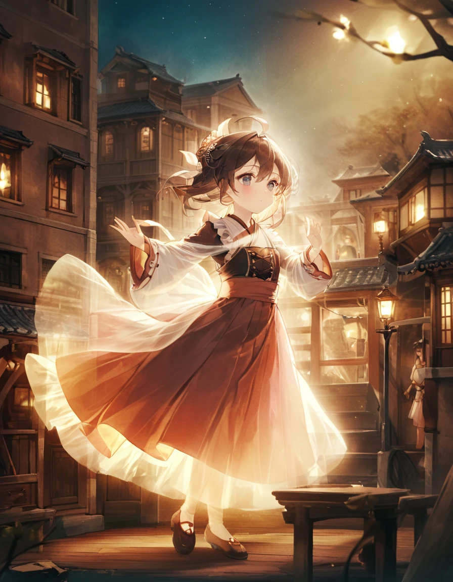 Edo period, Dufaycolor photograph. Vintage color palette, distinctive color rendering, soft and dreamy atmosphere, historical charm, unique color process, grainy texture, evocative mood, nostalgic aesthetic, hand-tinted appearance, artistic patina. kawaii, cute, stunning art, close up face, The yokai Furi-Furi Obake is adorned in fluttering, frilly garments, floating softly in the air. Its form is as graceful as if performing a light dance, playfully swaying the air around it. This spirit captivates people with its mysterious allure, adding color to the darkness of the night, in-depth study of perfection, created by a master. best quality, high resolution