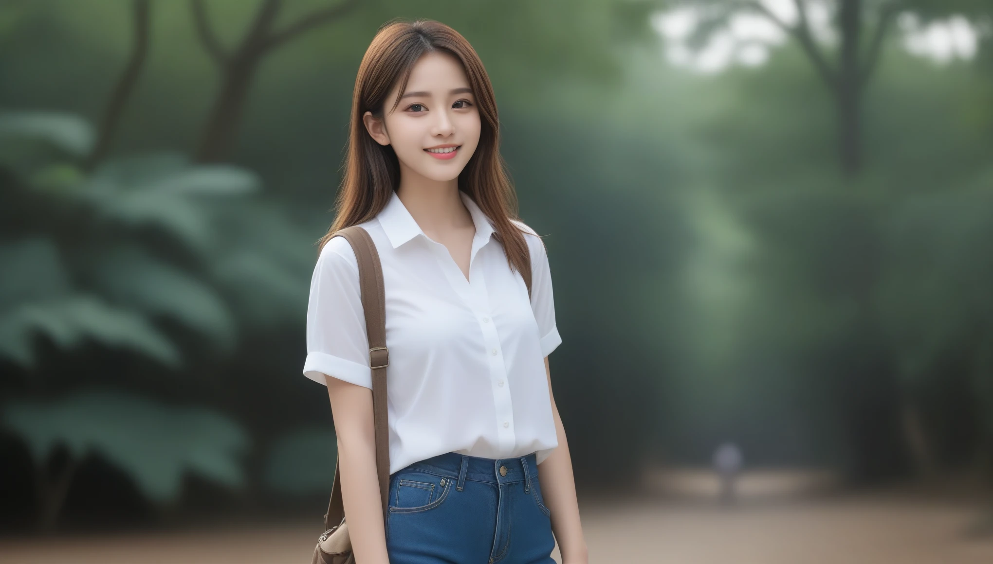 8K, 超High resolution, highest quality, masterpiece, Surreal, photograph, 1 girl, (16 years old:1.3), pretty girl, Cute face, Beautiful eyes in every detail,masterpiece, highest quality, High resolution, 非常にdetailed, detailedな背景, Cinema Lighting, One Girl, young woman, Wear a white shirt, Brown cardigan, long denim pants , smile, wearing Backpack, (Backpack:1.0), travel Backpack, Are standing, whole body, Day, Day光, Outdoor(Spread your thighs))、Sexy pose、See through 、Look at the audience、beauty,Long neck、Smile a little、Please close your mouth and laugh、(((Ideal body proportions))),A cup small breasts :2,、Portraiture:2、Perfect Anatomy、Vivid details、detailed、Surreal、Light and shadow,Strong light,Fashion magazine cover,Thin lips