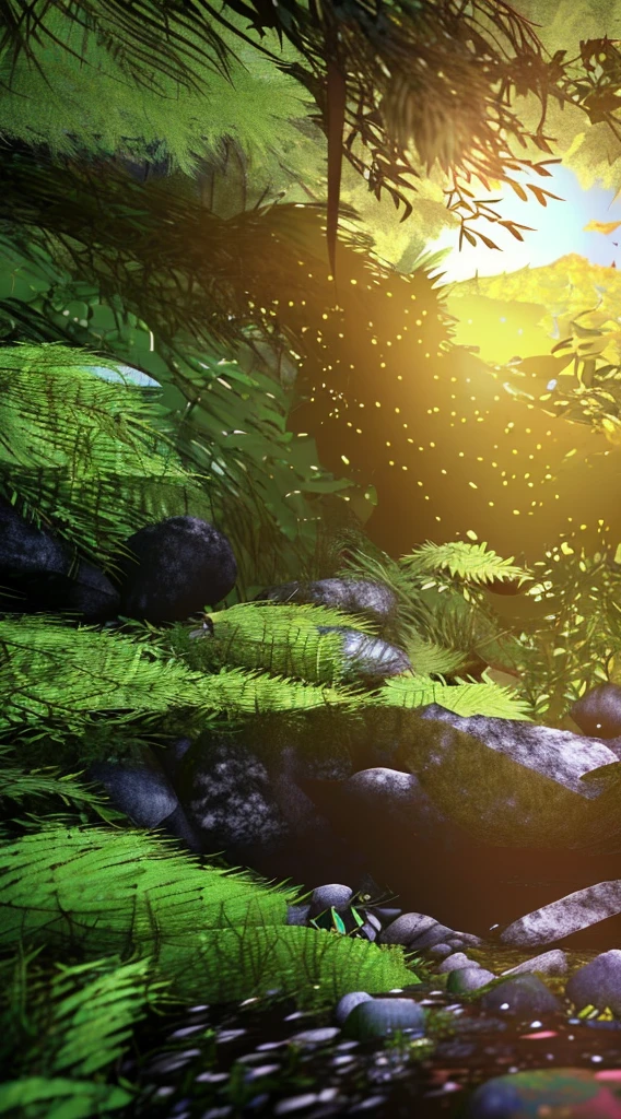 A masterpiece, the best quality, stunning reflections, the best reflections ever. (very detailed CG unity 8k wallpapers), (best quality), (best illustrations), (best shadows), forest theme with natural elements. Tall trees, quiet streams, small glowing mushrooms surrounded by delicate leaves and branches, with fireflies and glowing particle effects,, (natural elements), (jungle theme), (leaves), (twigs), (fireflies), butterflies, (delicate leaves), (glow), (particle effects). , Isometric 3D, Octane Rendering, Ray Traced, Super Detailed